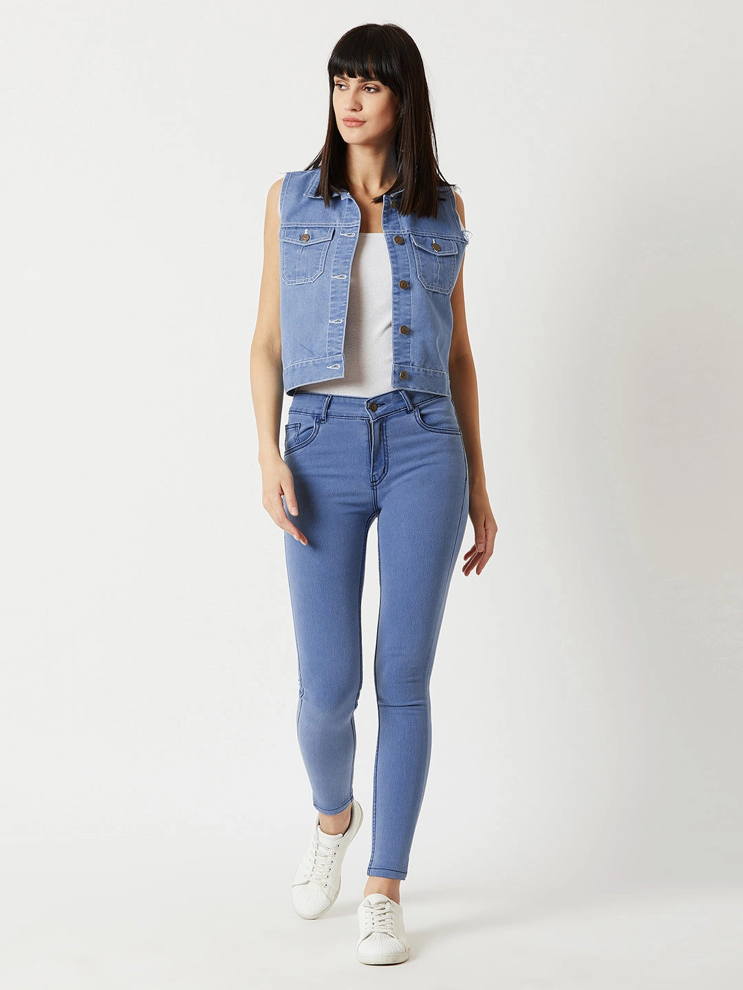 Articulated Sleeves Women's Light Blue Polo Neck Sleeveless Denim Solid Buttoned Ice Wash Raw Edge Detailing Crop Denim Jacket