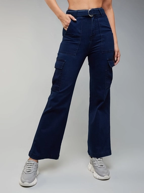 Minimalist Trendy Everyday Timeless casual CHASEstretch? Women's Navy Blue Wide-Leg High-Rise Cargo Denim Jeans
