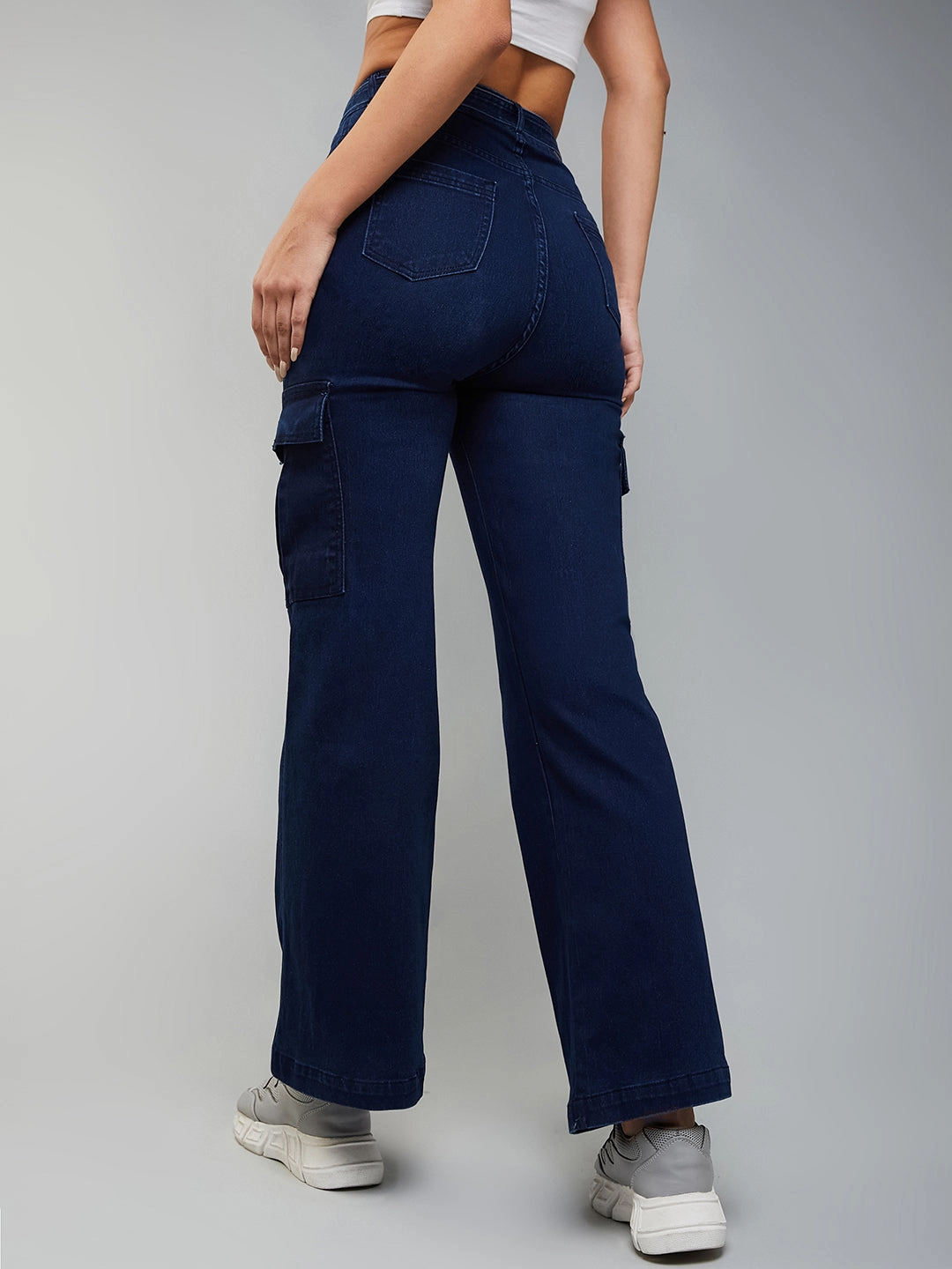 CHASEstretch? Women's Navy Blue Wide-Leg High-Rise Cargo Denim Jeans comfortable length Button Fly Closure