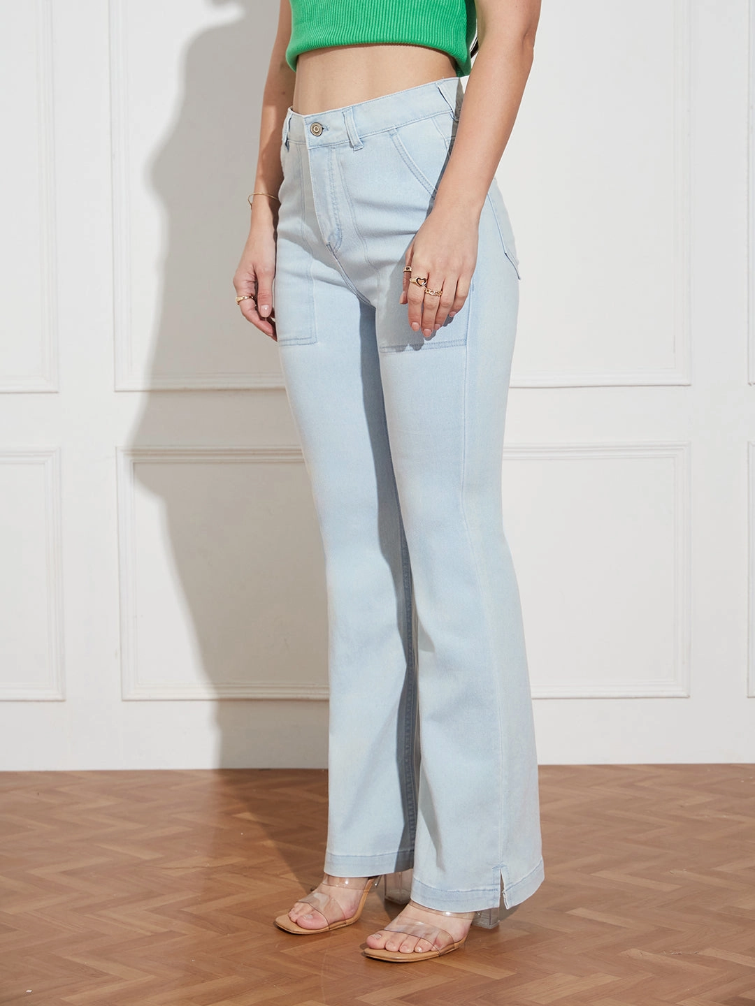 Daywear Fit Stylish Look Women's Light Blue Bootcut High rise Clean look Regular Stretchable Denim Jeans