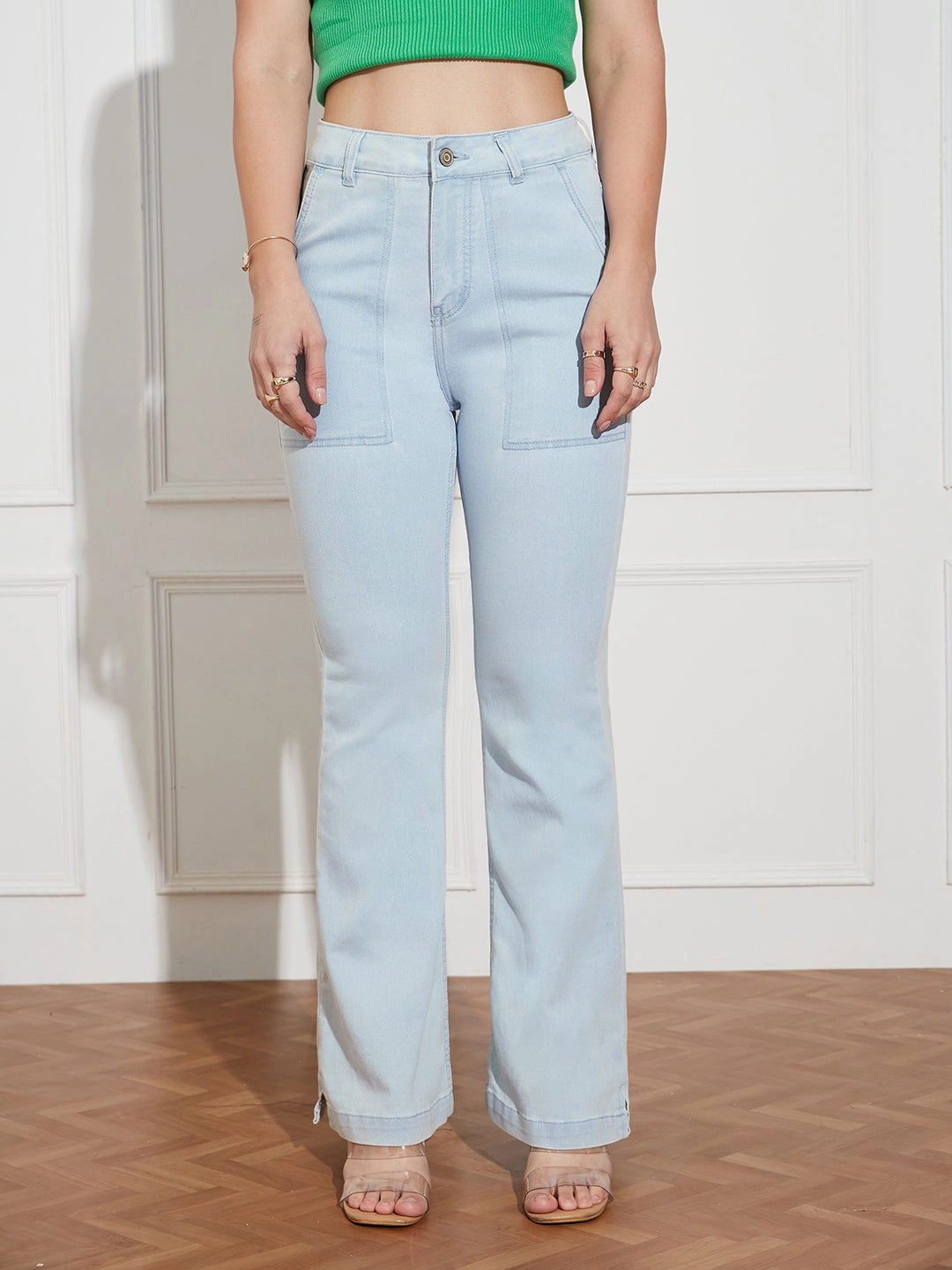 Women's Light Blue Bootcut High rise Clean look Regular Stretchable Denim Jeans Timeless Fashion