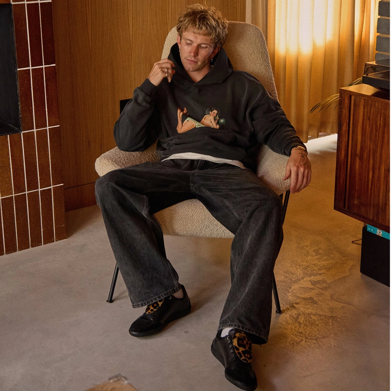 Masculine style Pin Up Washed Black Hoodie