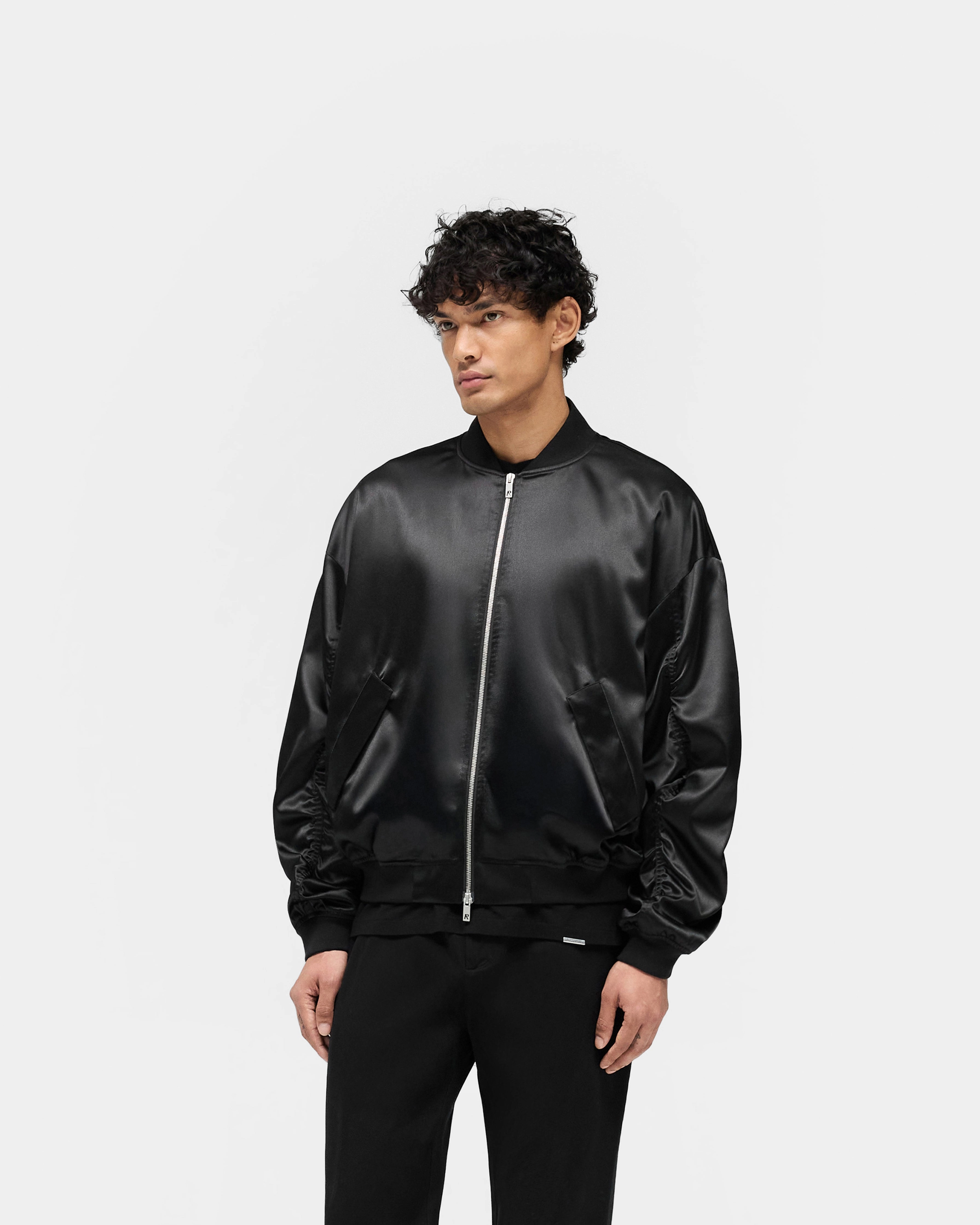 Flexible Armholes Clean Edge Piece Satin Bomber - Black