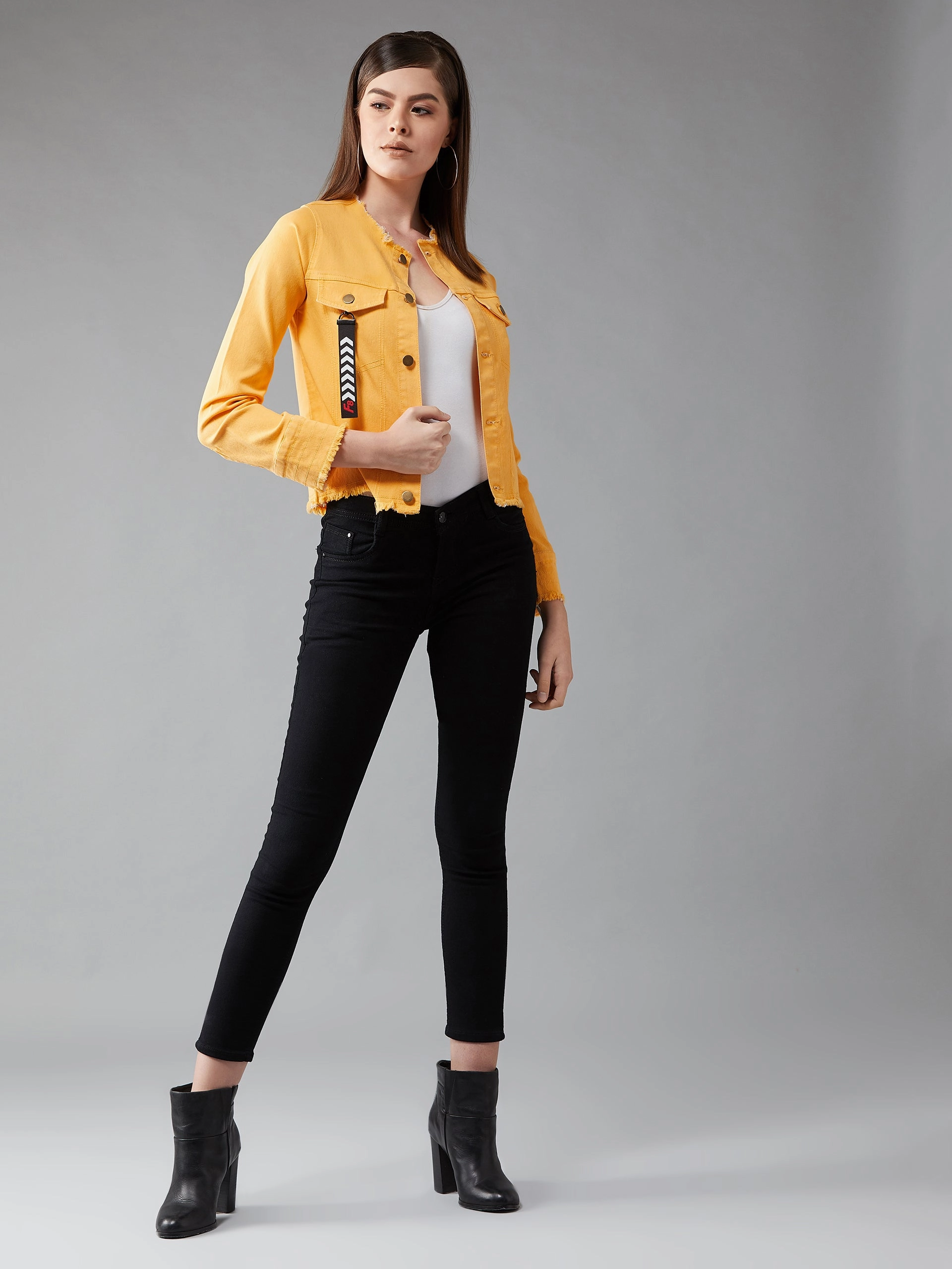 Noise Free Zipper Fray Resistant Edges Women's Yellow overdyed Round Neck Full Sleeves Denim Regular Length Fringed Jacket