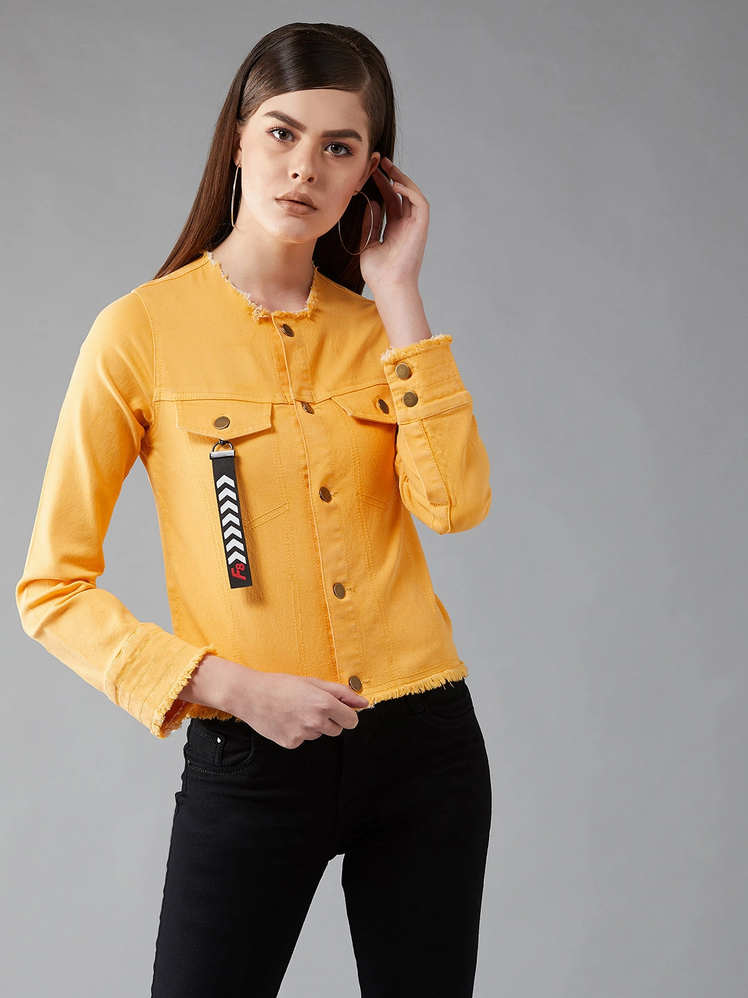 Heat Tech Fabric Women's Yellow overdyed Round Neck Full Sleeves Denim Regular Length Fringed Jacket