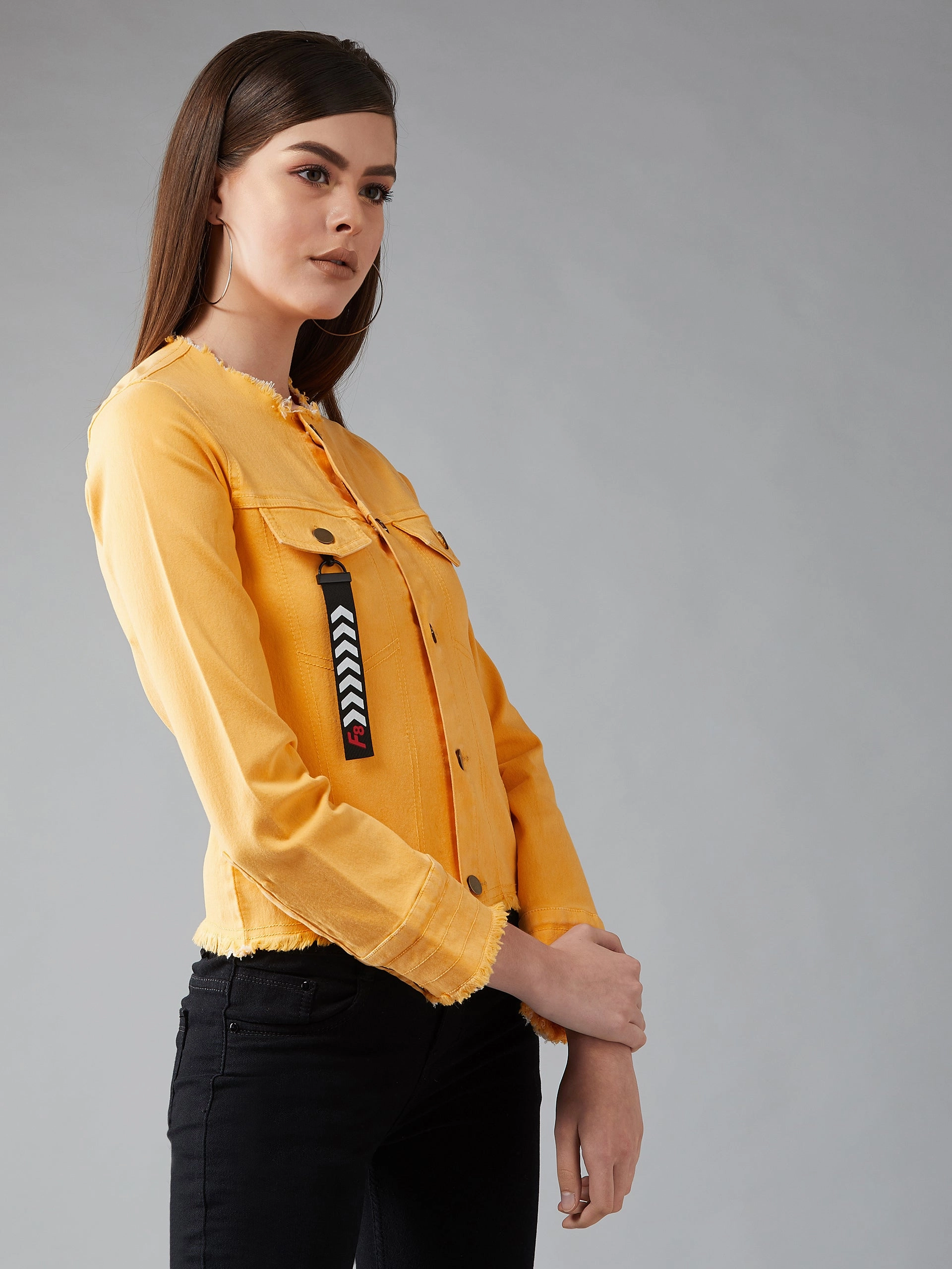 Structured Casual Fit Women's Yellow overdyed Round Neck Full Sleeves Denim Regular Length Fringed Jacket