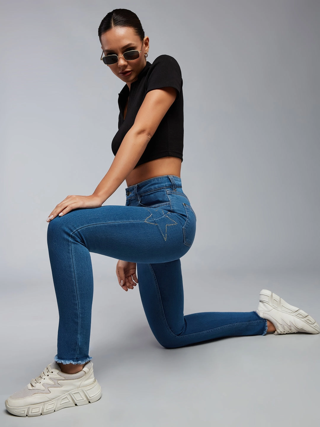 Textured Smart Casual Road Trip All Round Piece CHASEstretch? Blue Skinny High-Rise Cropped-Length Embellished Fringe Detailing Stretchable Denim Jeans