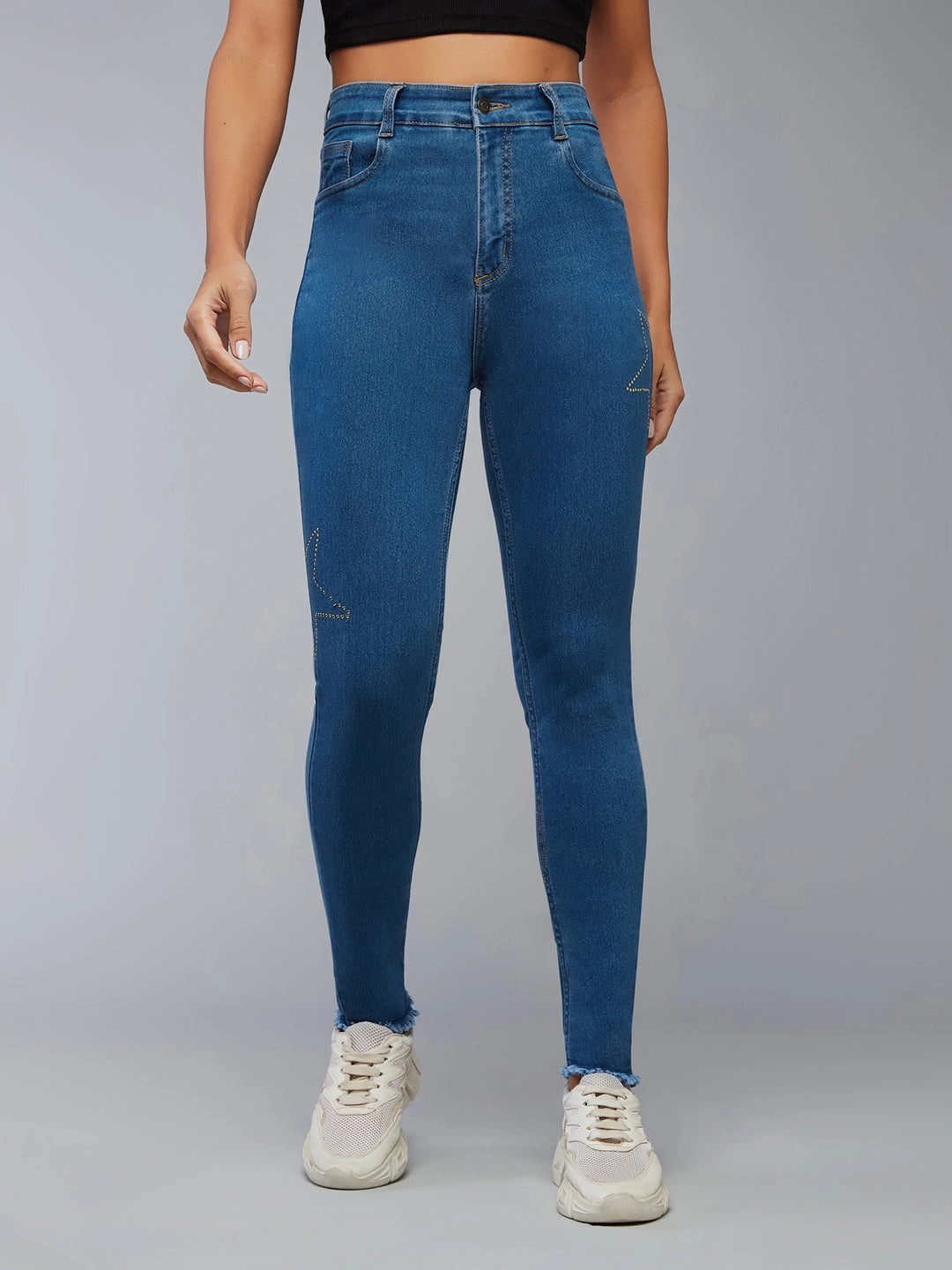 Brunch Outfit Casual CHASEstretch? Blue Skinny High-Rise Cropped-Length Embellished Fringe Detailing Stretchable Denim Jeans