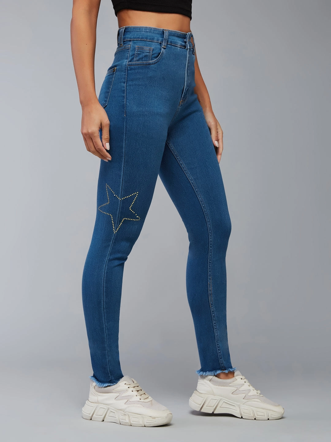 Daily Fit Popular Style CHASEstretch? Blue Skinny High-Rise Cropped-Length Embellished Fringe Detailing Stretchable Denim Jeans