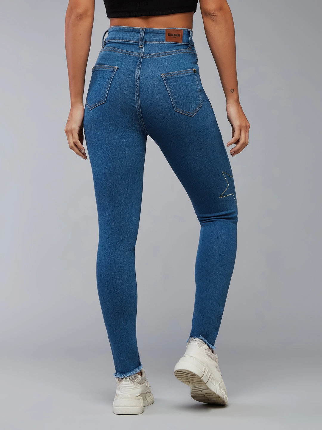 CHASEstretch? Blue Skinny High-Rise Cropped-Length Embellished Fringe Detailing Stretchable Denim Jeans Clean Silhouette Professional Wear Premium Winter Warmth