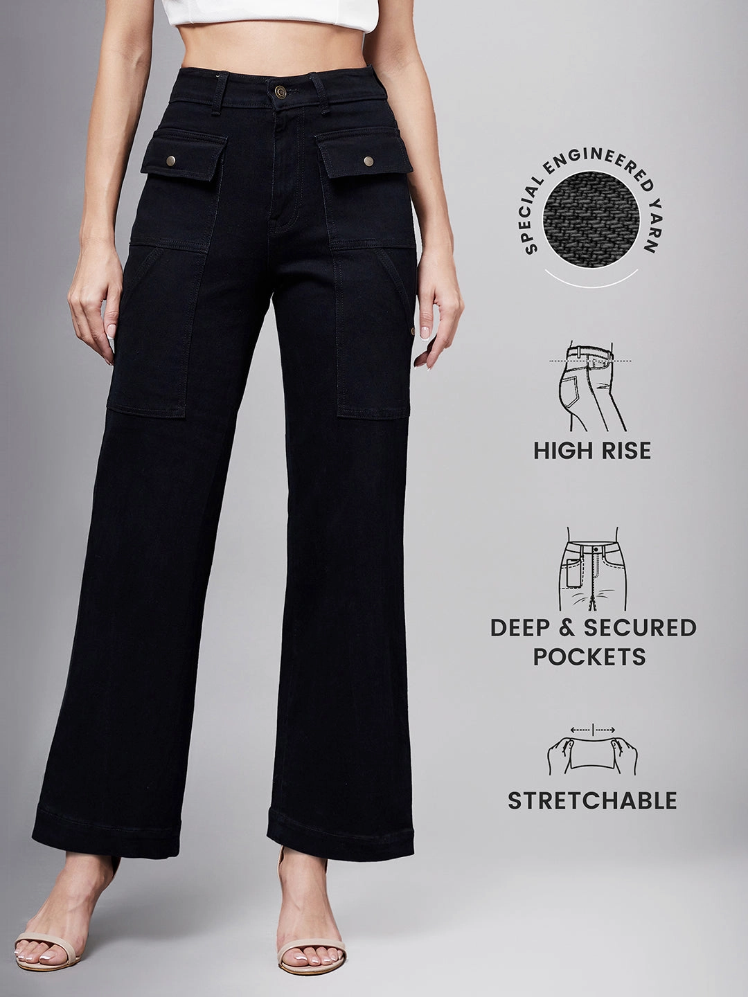 24/7 Comfort Black flared High-Rise Stretchable Denim Jeans Parent Style Evening Stroll Festival Outfit