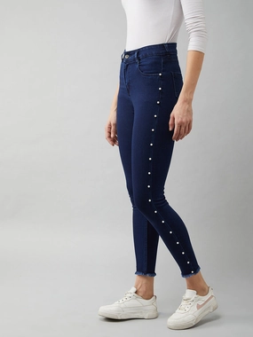 Women's Navy-Blue Cotton Skinny-Fit Cropped High-Rise Stretchable Denim Jeans Earthy Music Event Outfit Ease