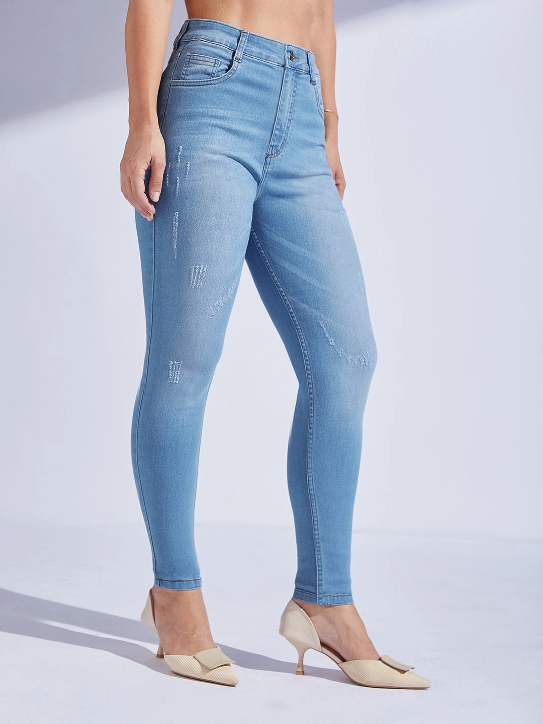 Lightweight Denim Blend Women's Blue Skinny High-Rise Mild-Distress Stretchable Denim Jeans