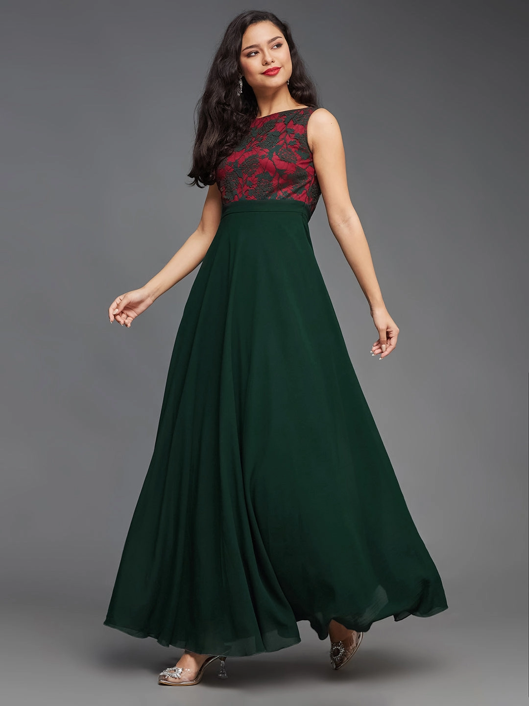 Easy Elegance Button-front Women's Dark Green Round Neck Sleeveless Georgette Floral Lace Fit & Flare Maxi Dress