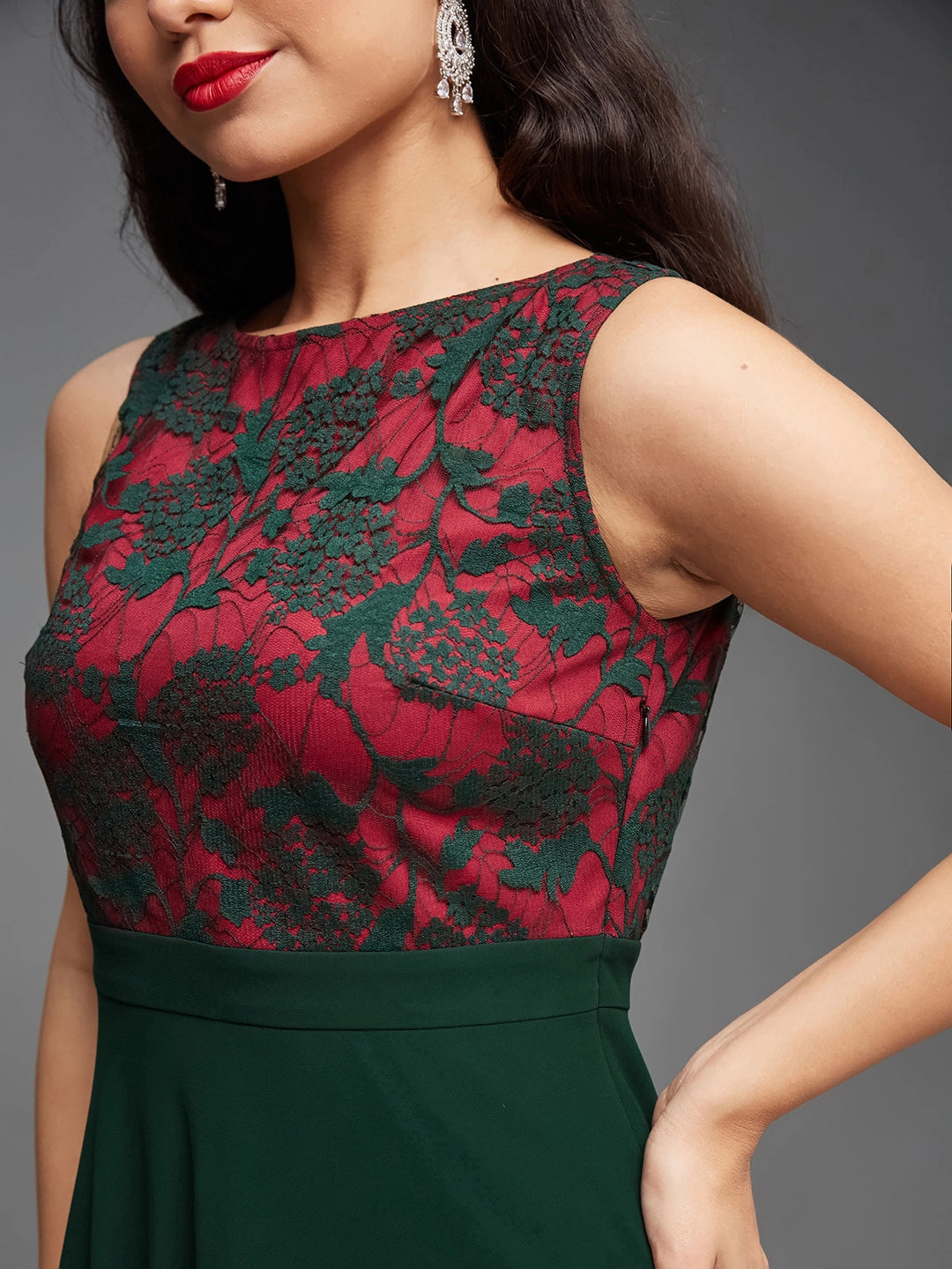 Women's Dark Green Round Neck Sleeveless Georgette Floral Lace Fit & Flare Maxi Dress Convertible-Style Bride Friend