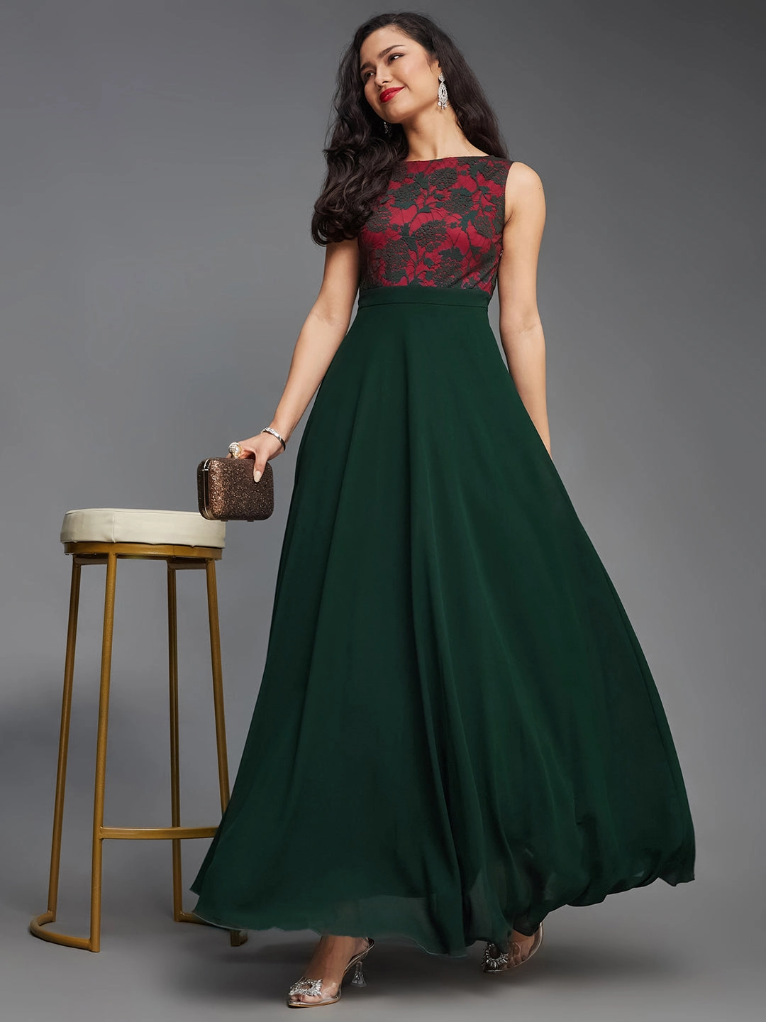 Women's Dark Green Round Neck Sleeveless Georgette Floral Lace Fit & Flare Maxi Dress Perfect Wearable