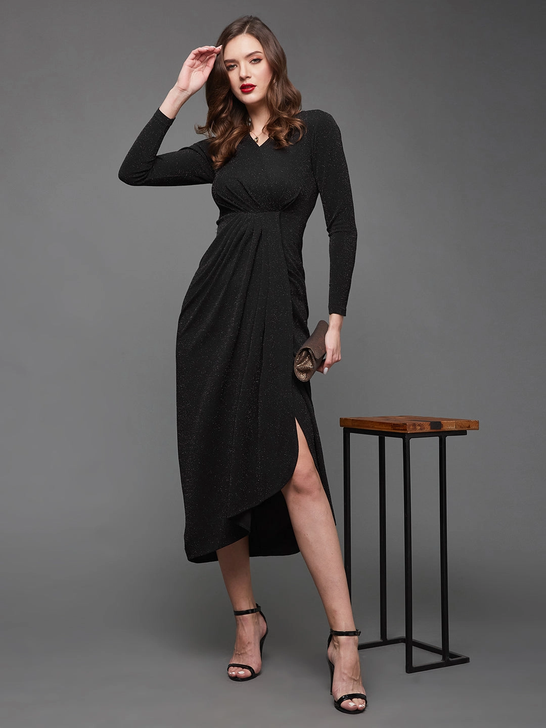 Crease Ease Women's Black V-Neck Full Sleeve Self Design Wrap Midi Dress Shape Hug LayeredHemline