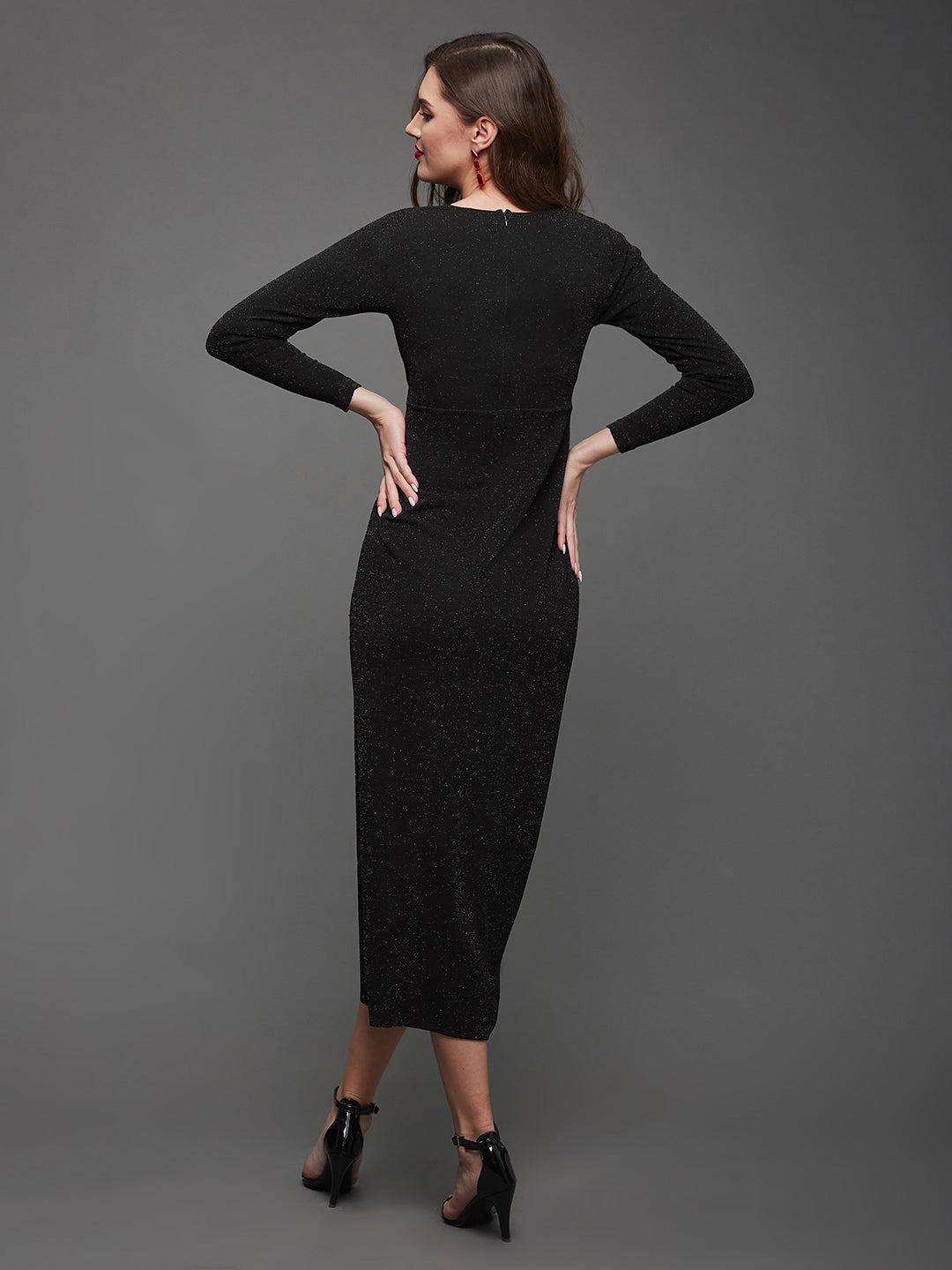 All Day Evening Classic Crease Ease Women's Black V-Neck Full Sleeve Self Design Wrap Midi Dress