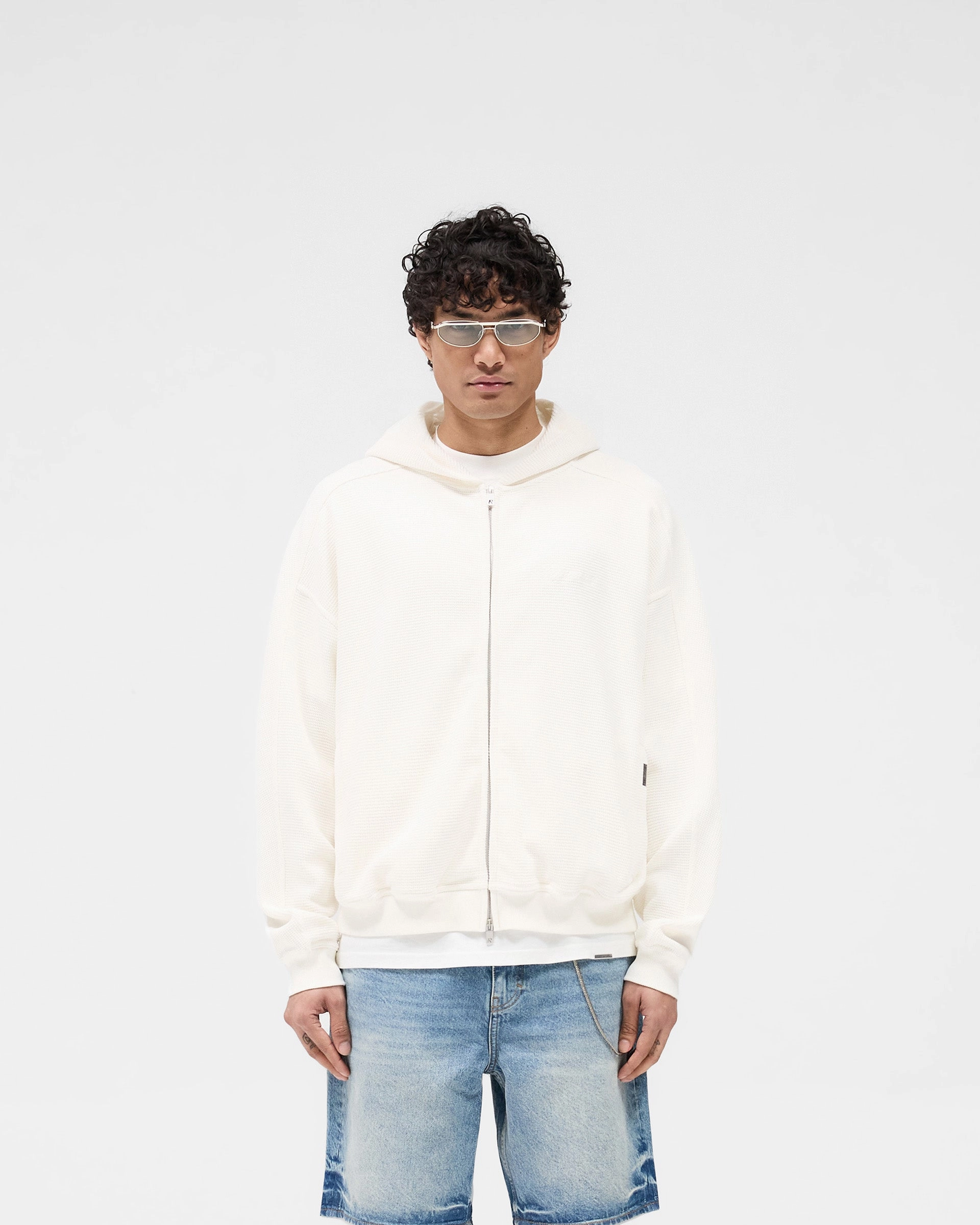 Waffle Zip Through Hoodie - Flat White elastic waistband College Wear