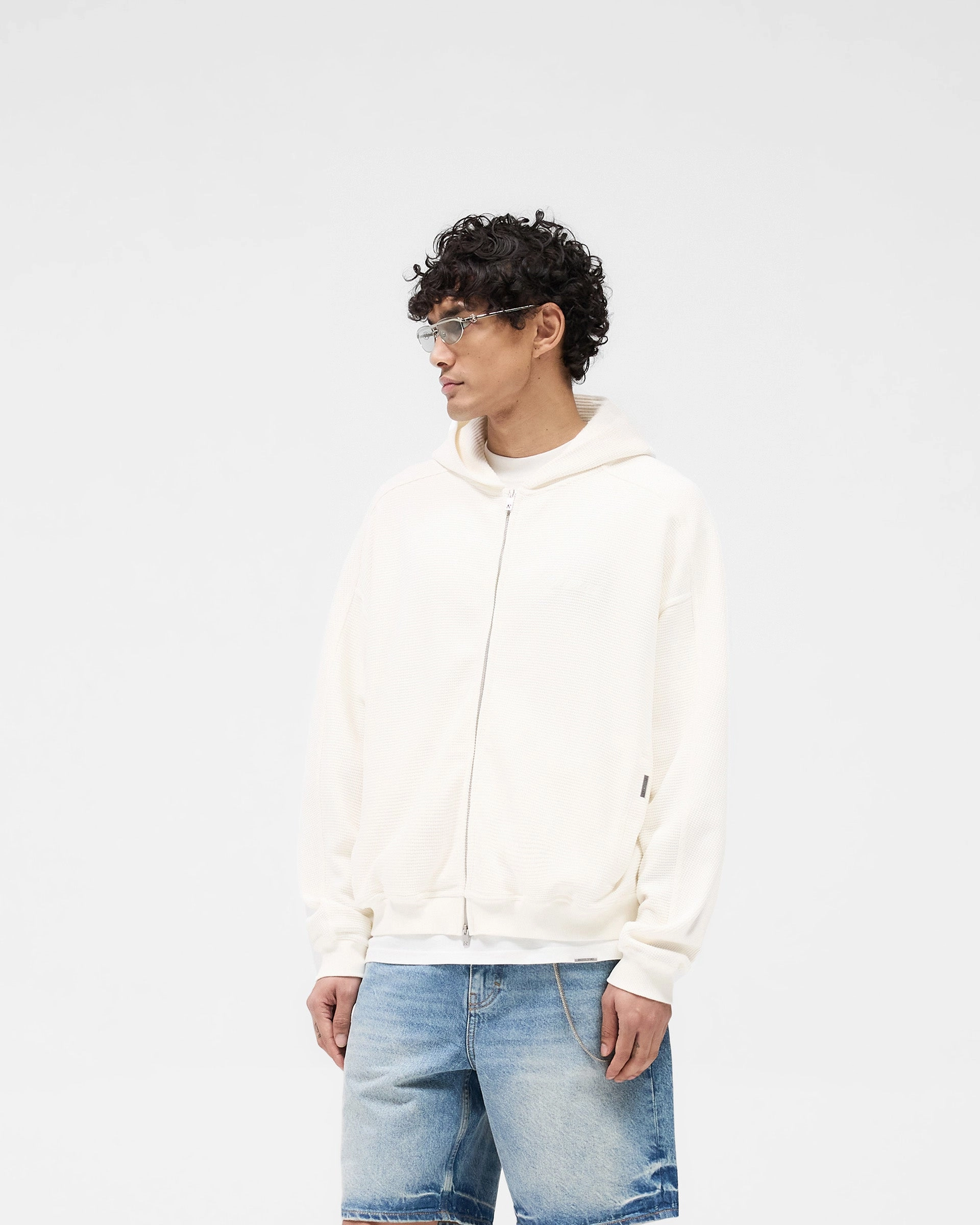 Satin Finish Performance Look Waffle Zip Through Hoodie - Flat White