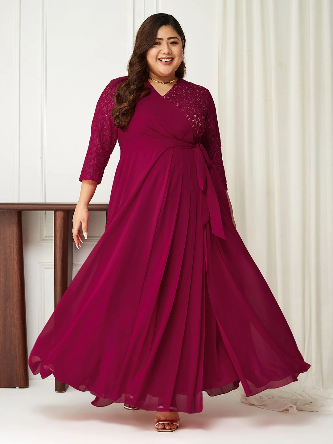 Modern Lines Body Bliss Dark Pink Wrap Maxi Georgette Dress