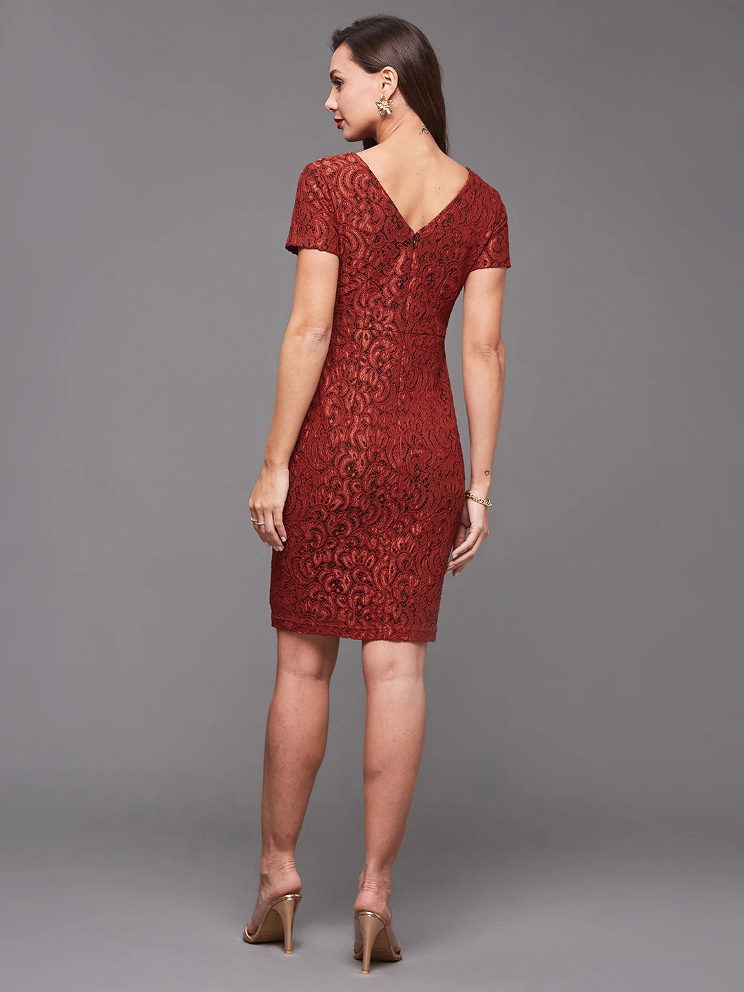 Gentle Fit Drawstring-Waist Women's Brick Brown Round Neck Half Sleeve Self Design Bodycon Knee-Long Lace Dress