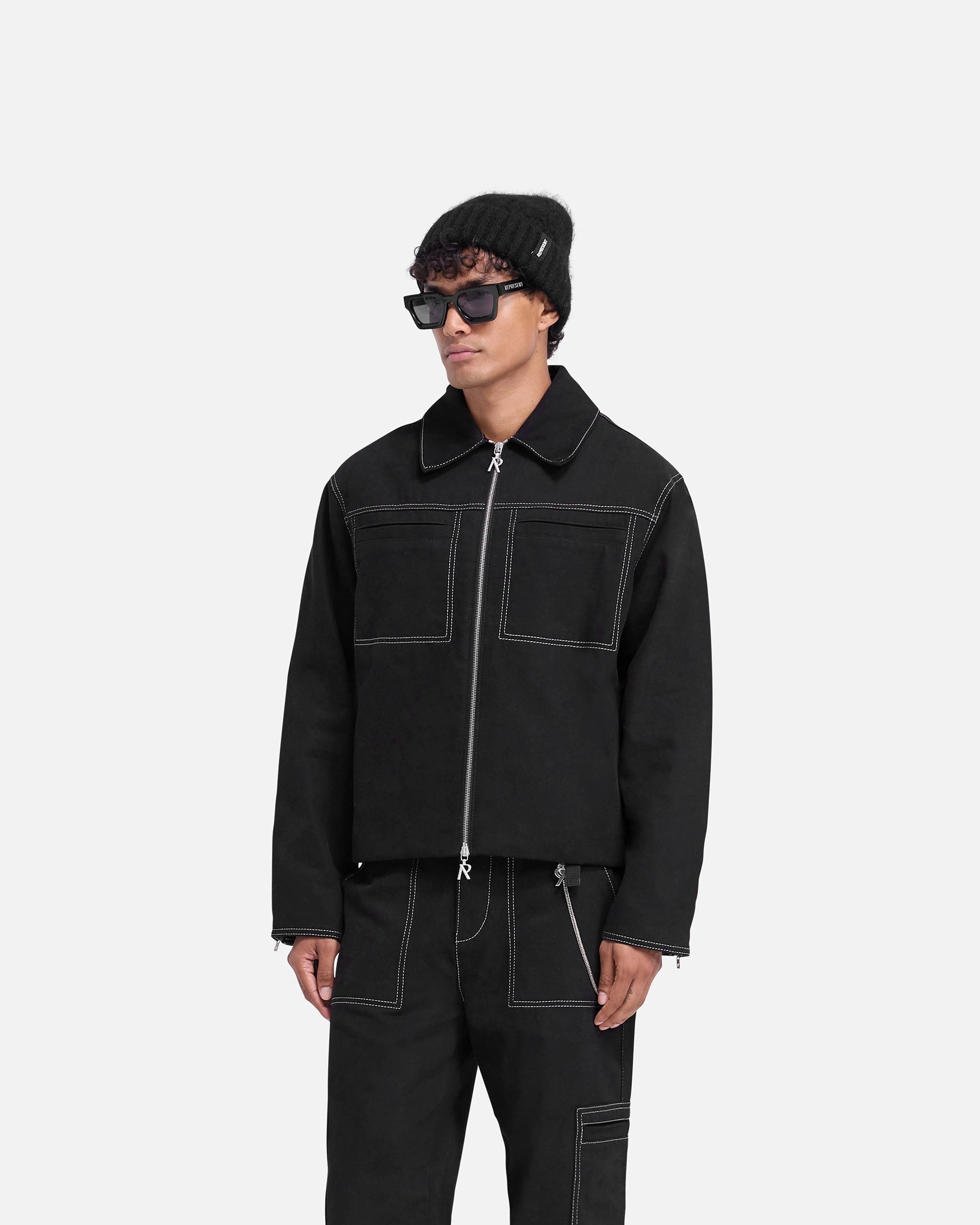 Contrast Stitch Smart Jacket - Jet Black Adjustable Hemline Multi Pocket Functionality