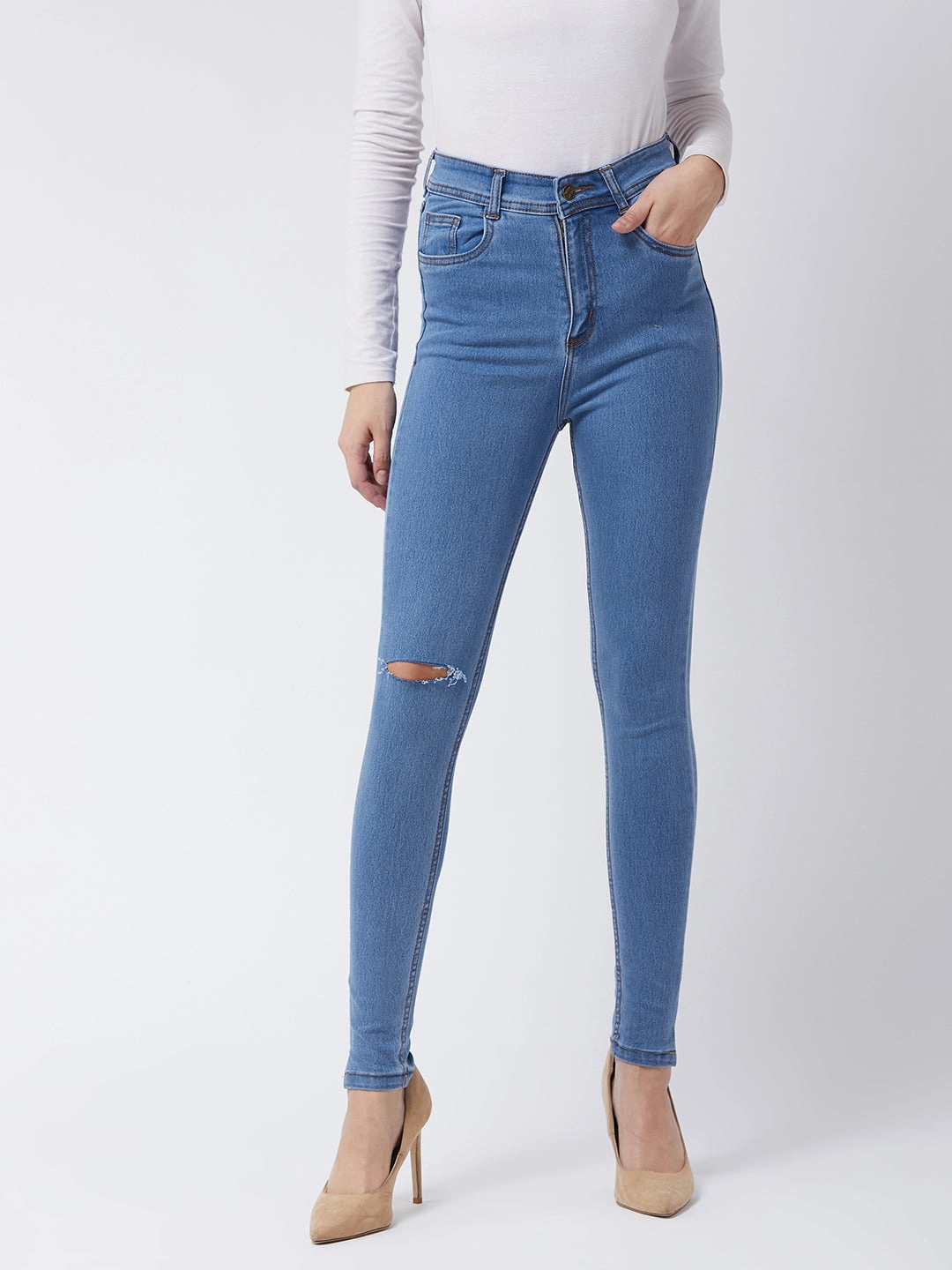 24/7 Comfort Blue Skinny High-Rise Distressed Denim Jeans Eco Friendly Production
