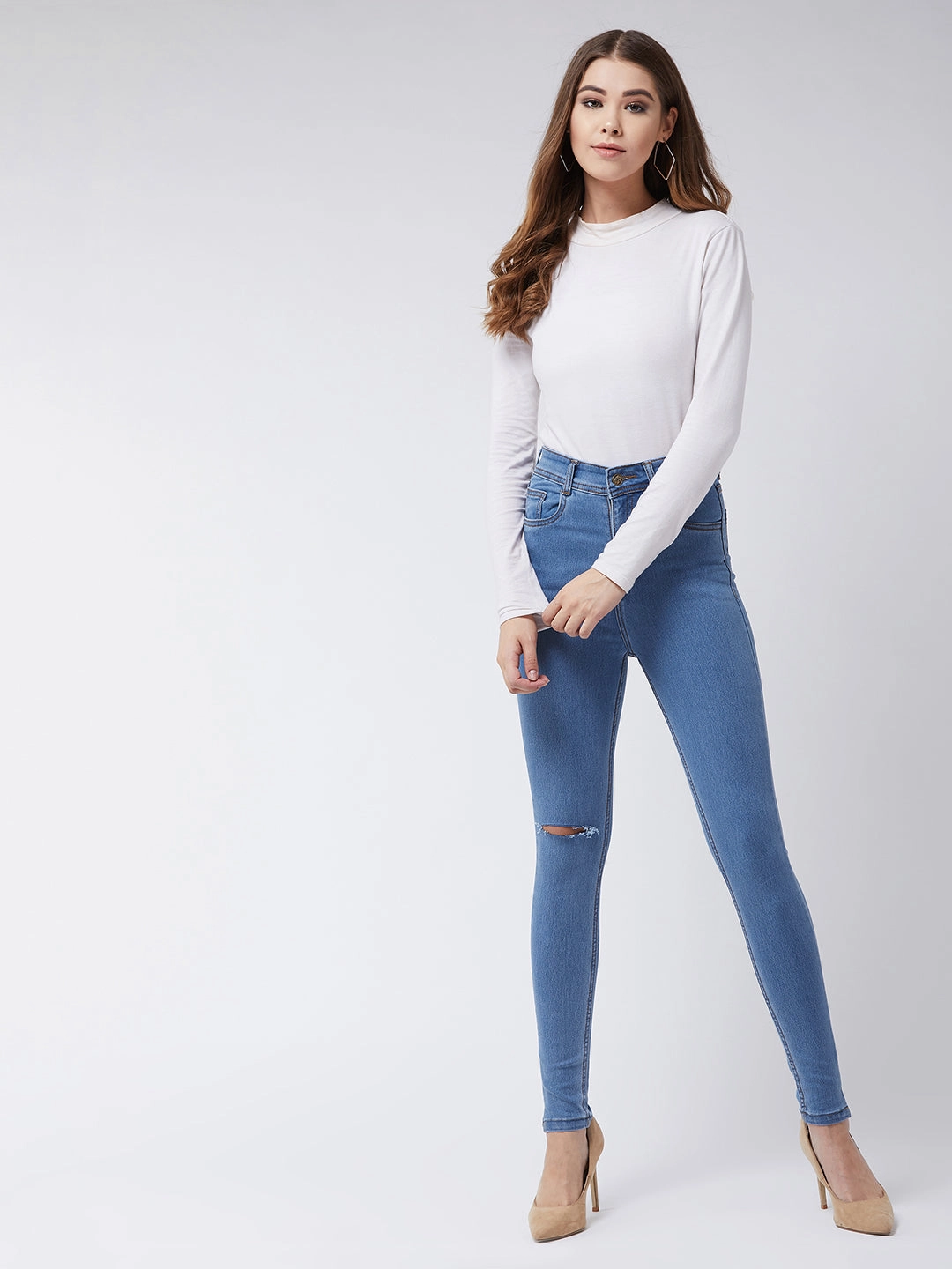 24/7 Comfort Blue Skinny High-Rise Distressed Denim Jeans Comfy Option Trendy Look
