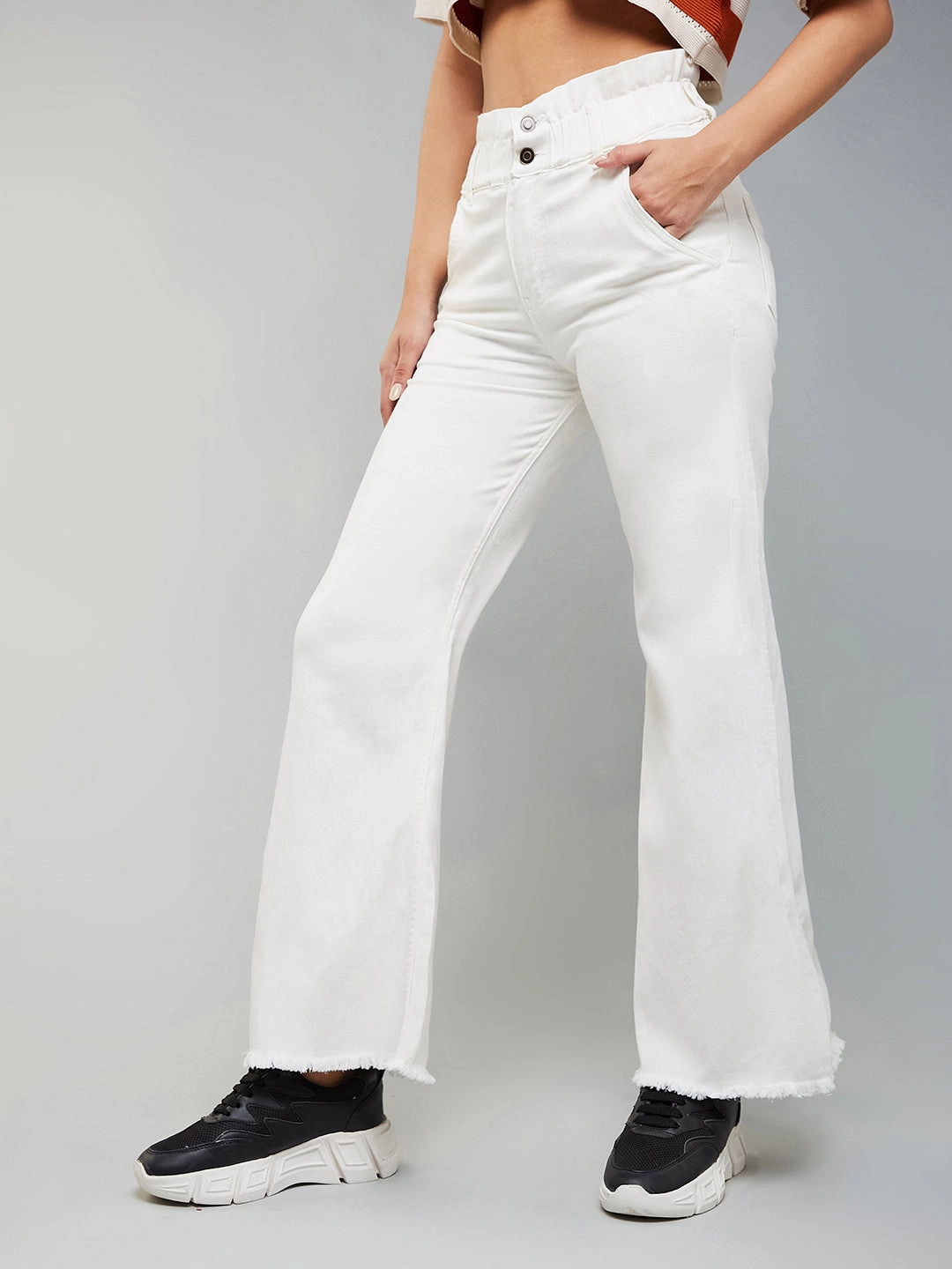 24/7 Comfort White Flared High-Rise Ankle Length Stretchable Denim Jeans Laidback Style Spring Mood Party Look Classic