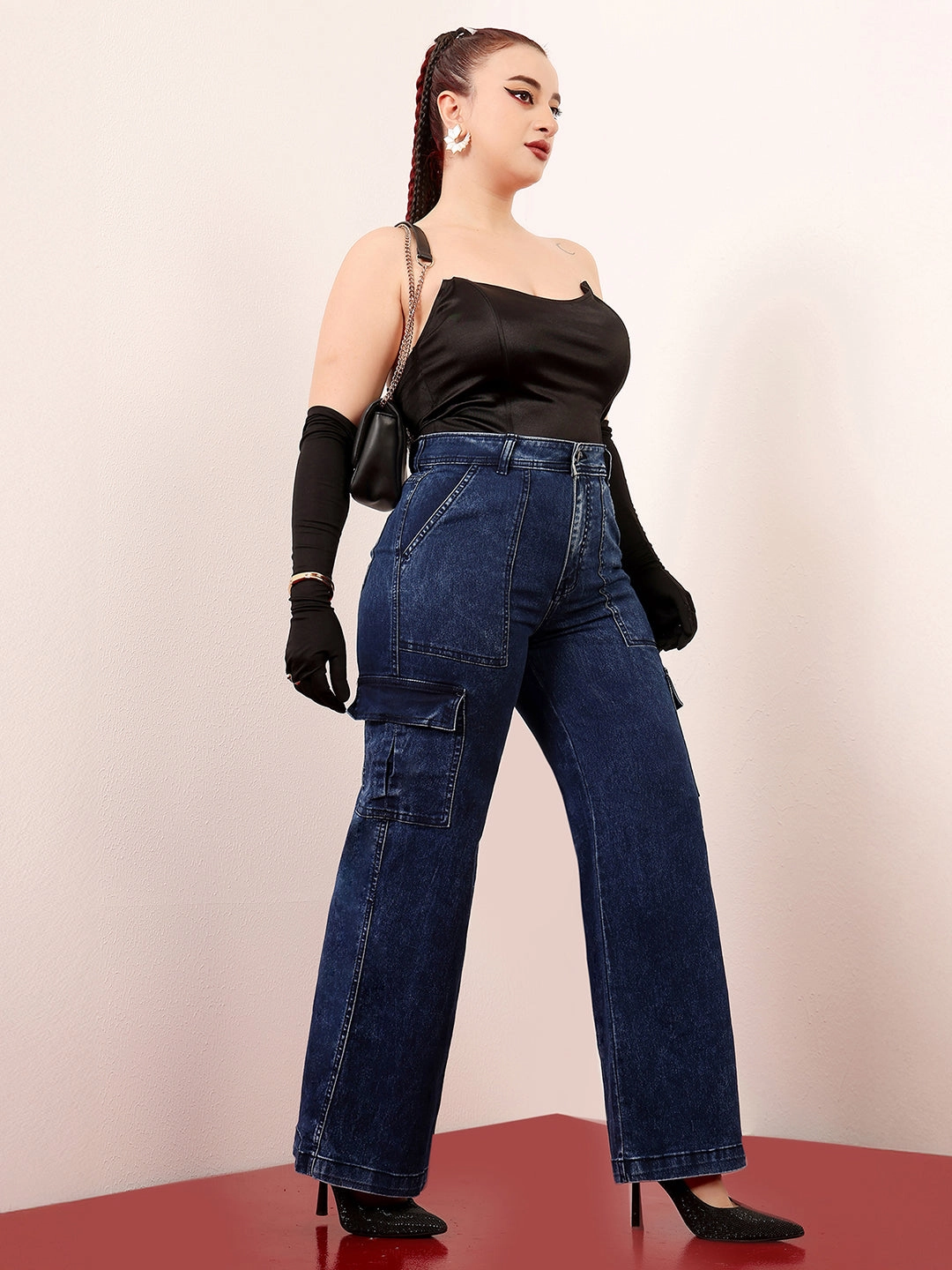 Women's Blue Wide-Leg High-Rise Clean-Look Stretchable Denim Cargo Jeans Simple Aesthetic Modern Winter Warmth Loose