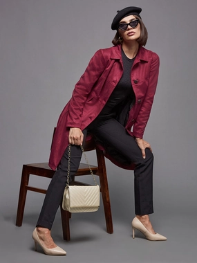 Women's Dark Red Shirt Collar Full-Sleeve Solid Knee-Long Winter Jacket Sustainable Packaging