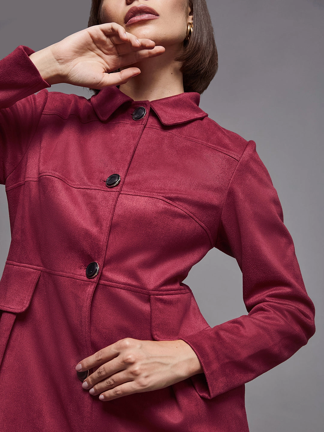 Convertible Features Women's Dark Red Shirt Collar Full-Sleeve Solid Knee-Long Winter Jacket