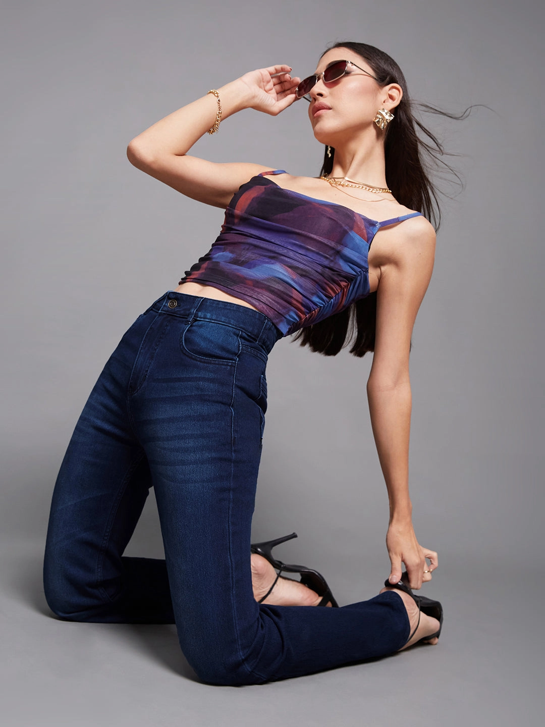 Mid Rise Structure Clean Finish CHASEstretch? Navy-Blue Wide-Leg Mid-Rise Denim Jeans