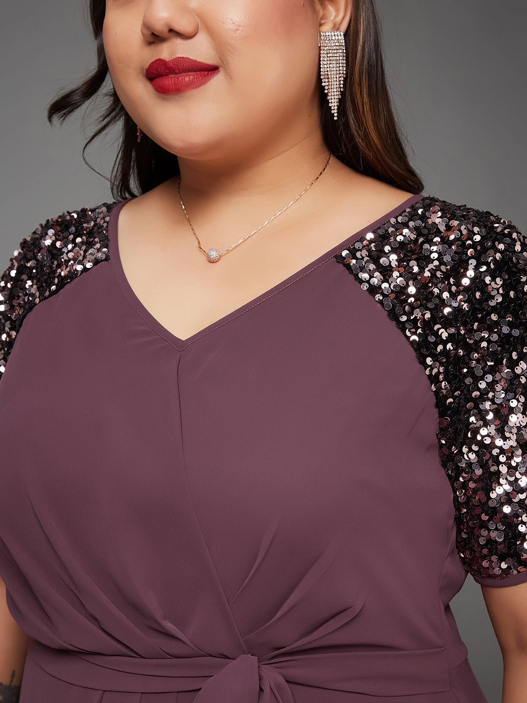 Body Bliss Mauve Relaxed Fit Maxi Georgette Party Sequin Dress Elegant Mood