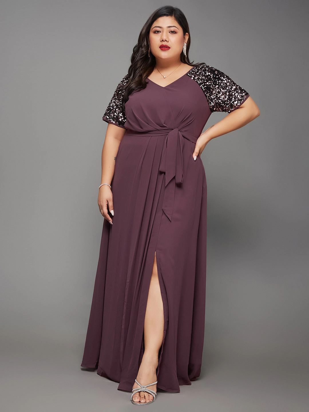 Body Bliss Mauve Relaxed Fit Maxi Georgette Party Sequin Dress Gentle Fit