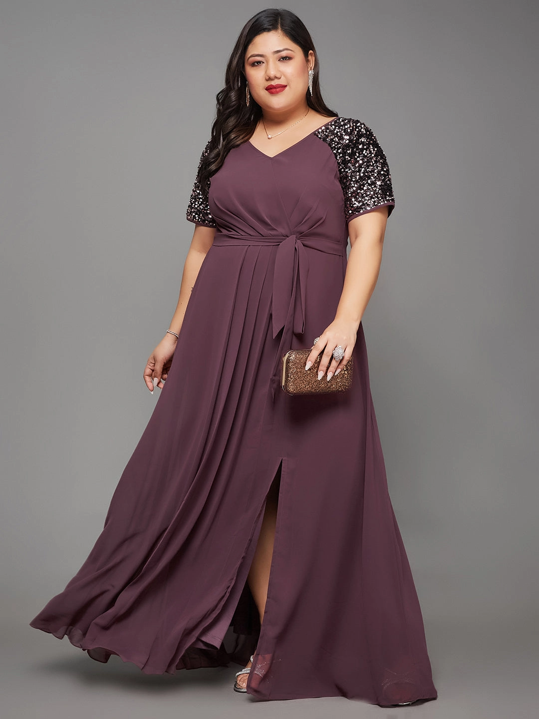 Body Bliss Mauve Relaxed Fit Maxi Georgette Party Sequin Dress Romantic Bloom