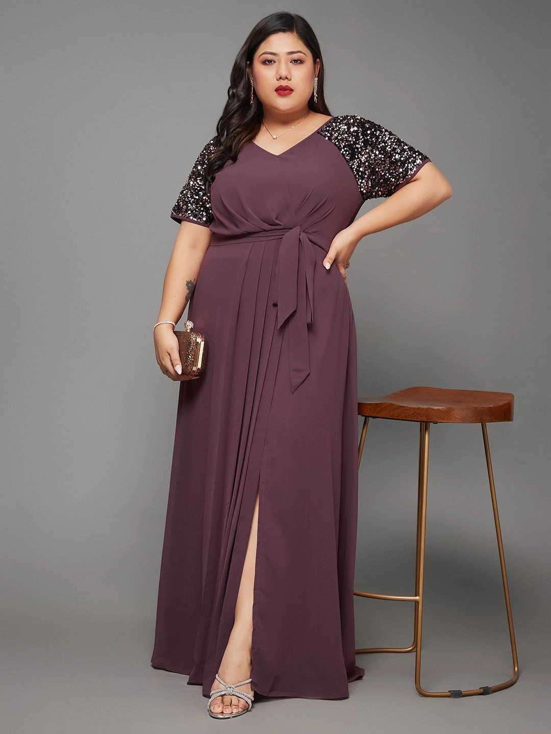 Sophisticated Cut Smocked-Detail Body Bliss Mauve Relaxed Fit Maxi Georgette Party Sequin Dress