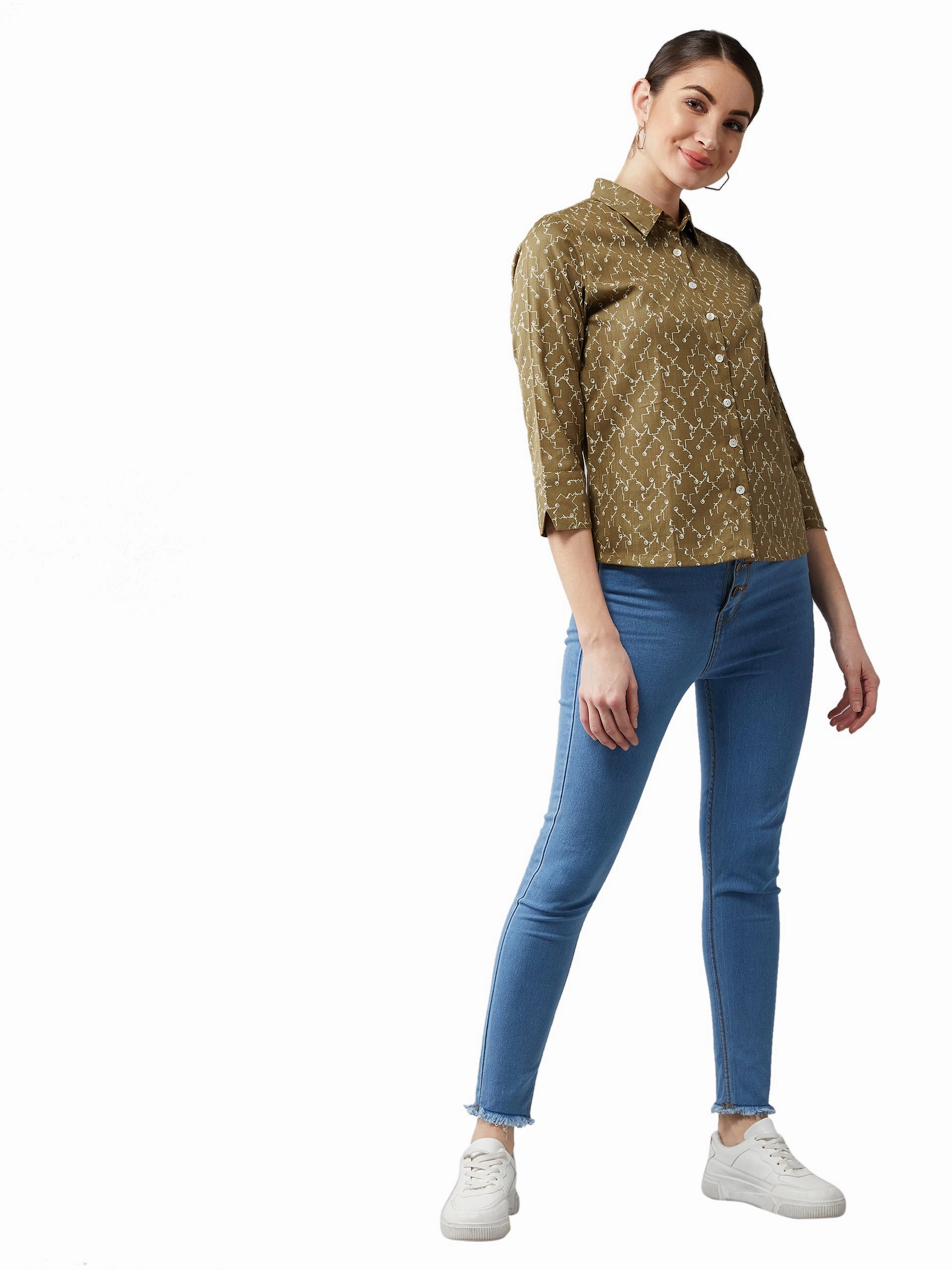 Women's Multicolored-Base Olive Green Collared 3/4 Sleeves Printed Basic Regular Length Shirt Thermochromic Color Shift Tech Moisture Wicking Fabric