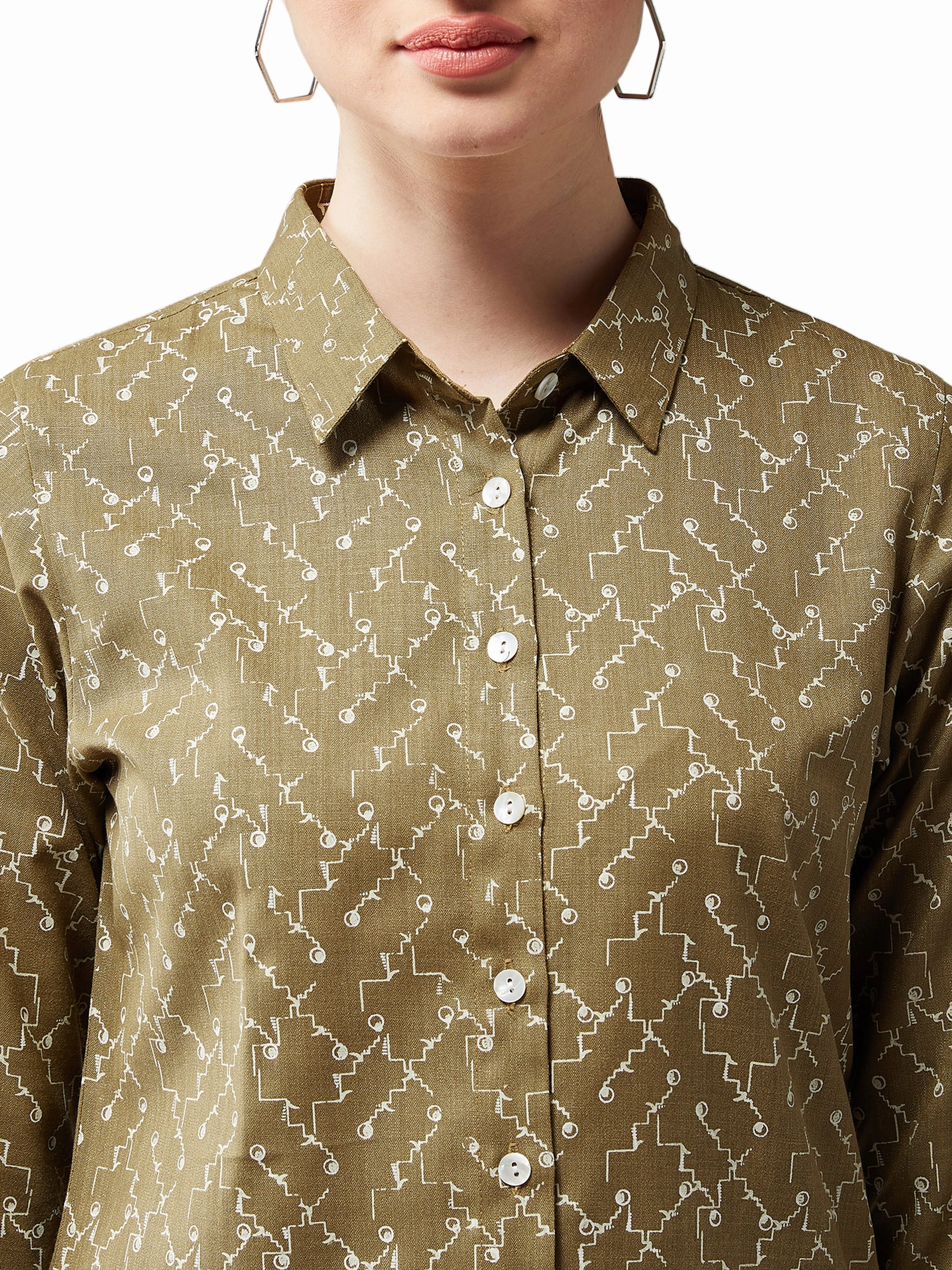 Women's Multicolored-Base Olive Green Collared 3/4 Sleeves Printed Basic Regular Length Shirt Seamless Knit Design SweatGuard Lining