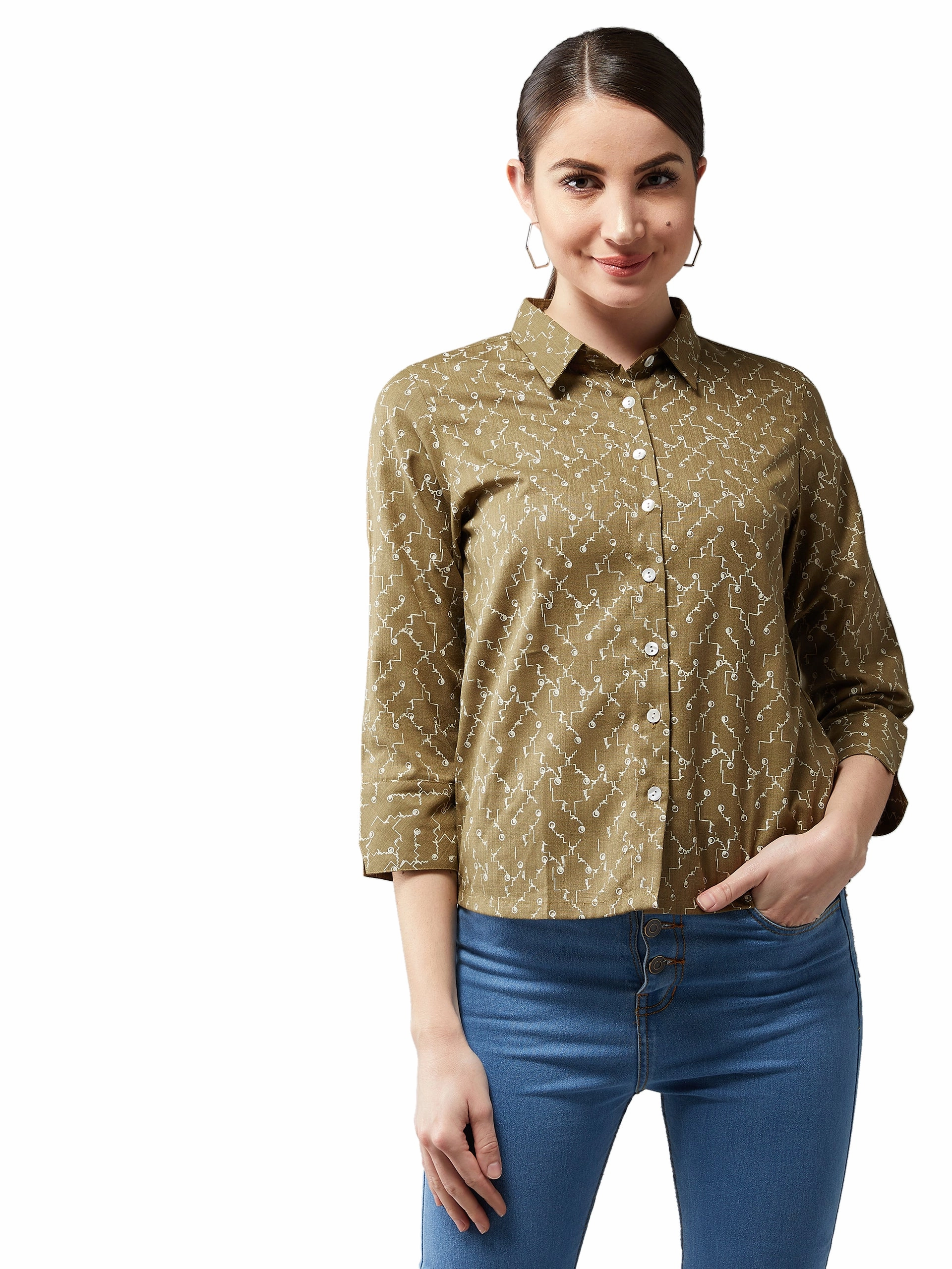 Women's Multicolored-Base Olive Green Collared 3/4 Sleeves Printed Basic Regular Length Shirt QuickRelease Closure NonIrritatingStitching
