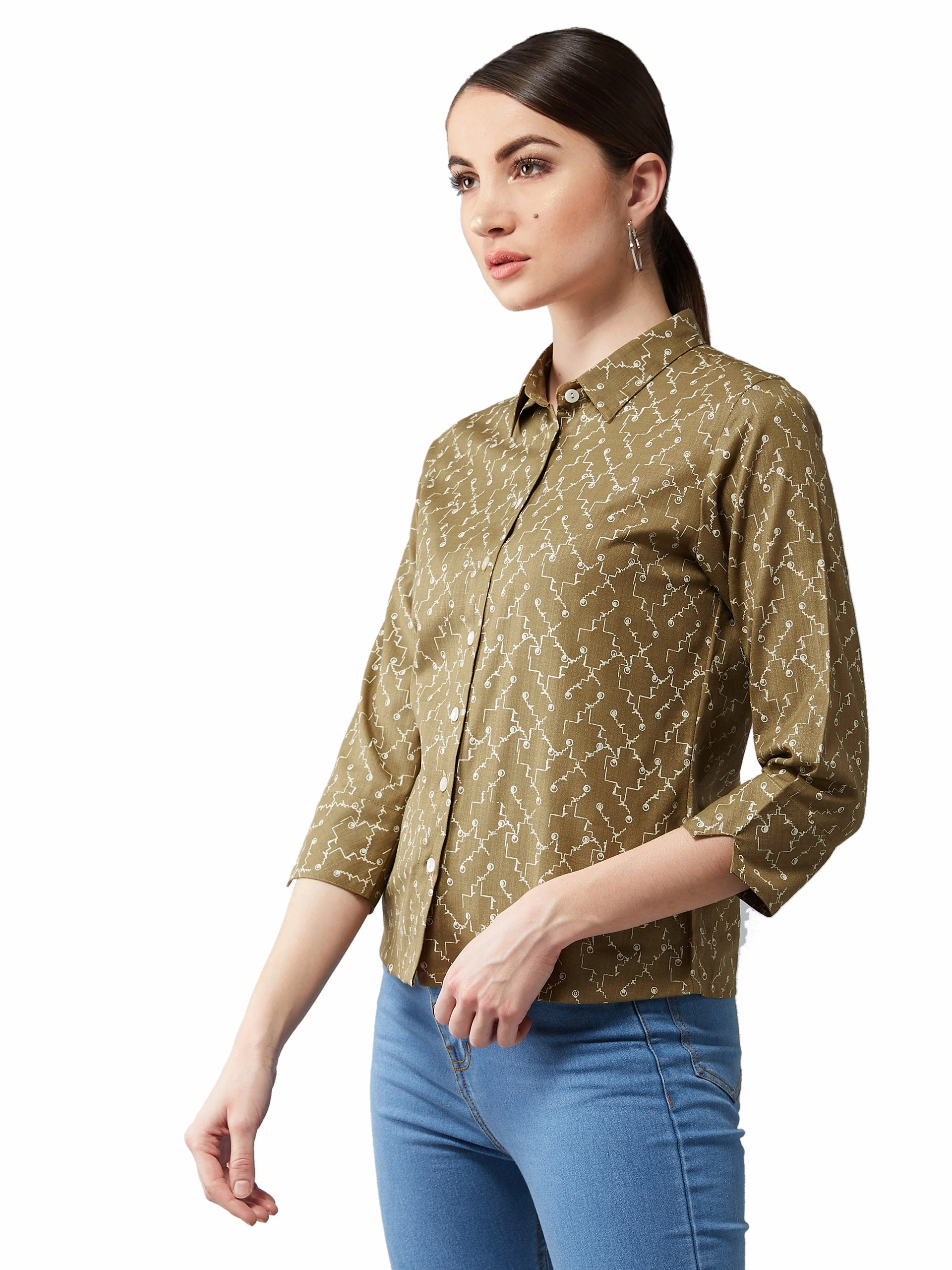WrinkleResistant Women's Multicolored-Base Olive Green Collared 3/4 Sleeves Printed Basic Regular Length Shirt