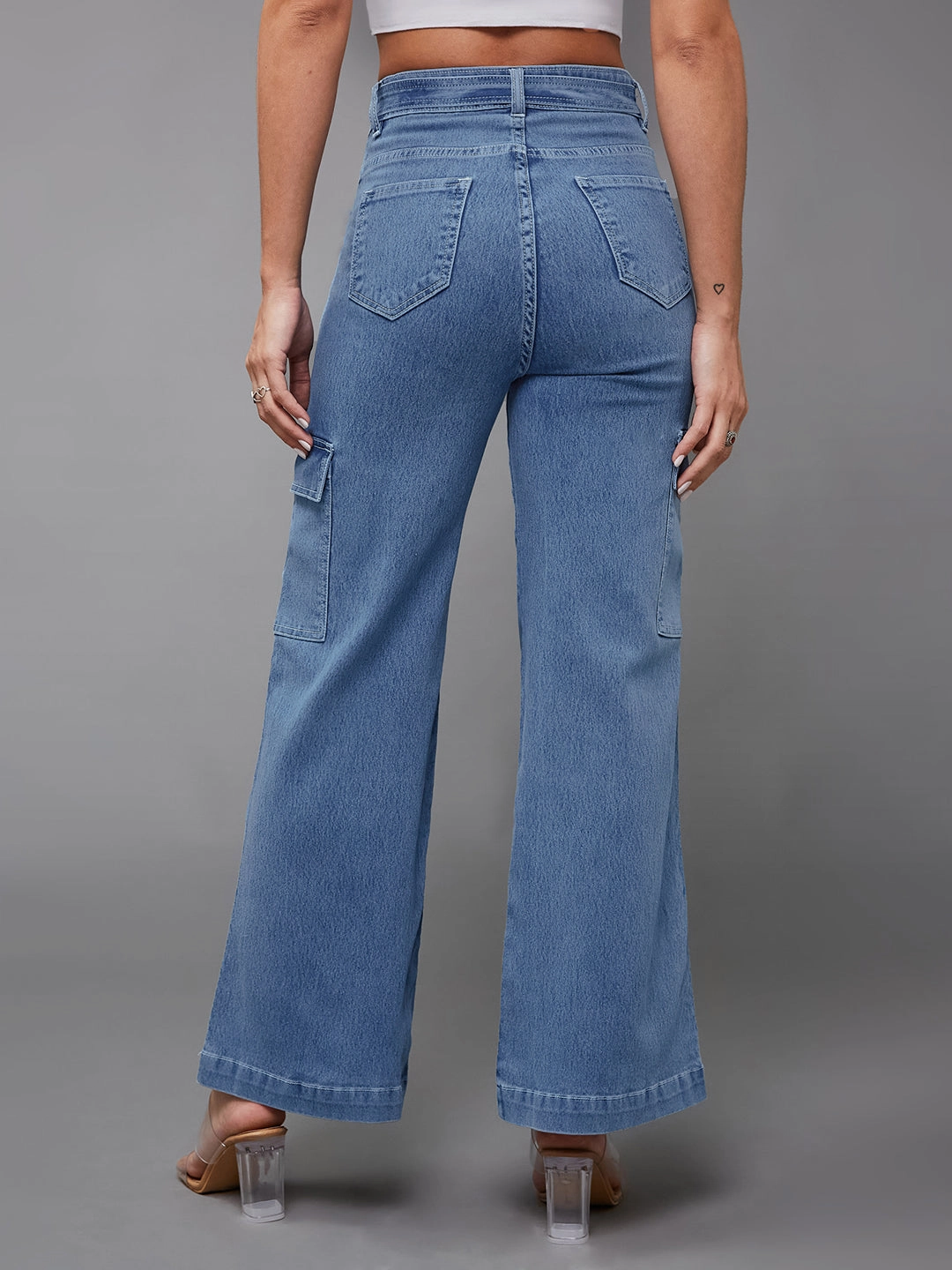 Smooth Style Winter Warmth Durable 24/7 Comfort Mid Blue Wide-Leg High-Rise Stretchable Cargo Denim Jeans