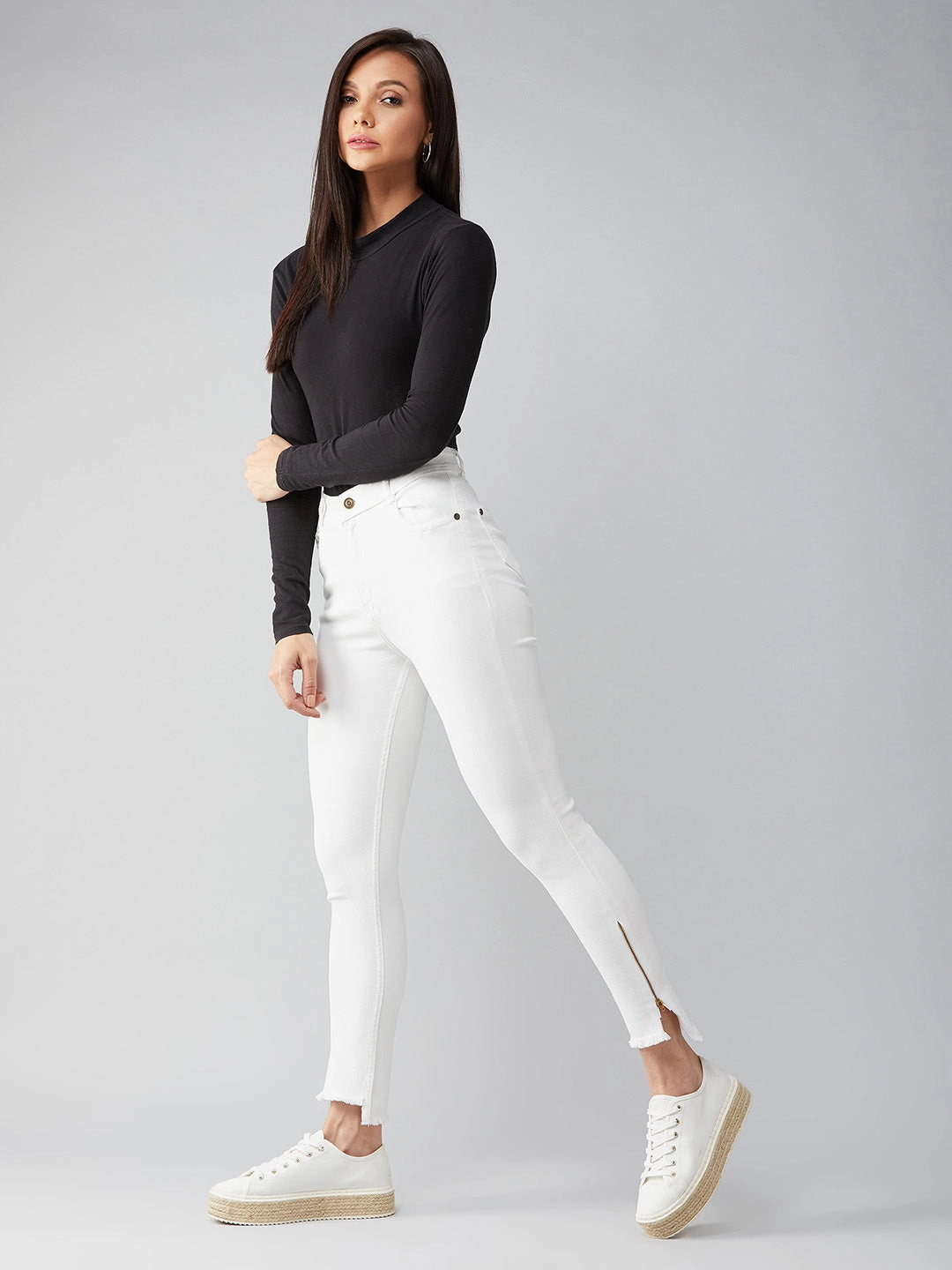 24/7 Comfort White Skinny-Fit High-Rise Side-Slit Raw Edge Cropped Stretchable Denim Jeans Raw Hem Design Creative Look Elegant Road Trip