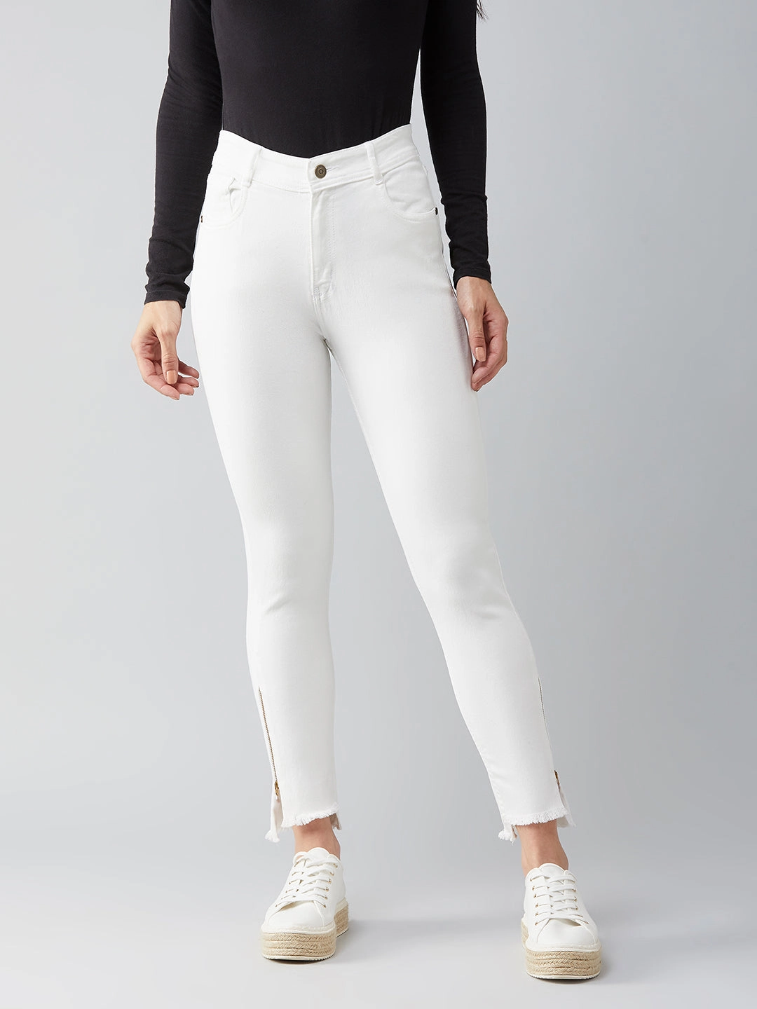 All Fit Design 24/7 Comfort White Skinny-Fit High-Rise Side-Slit Raw Edge Cropped Stretchable Denim Jeans