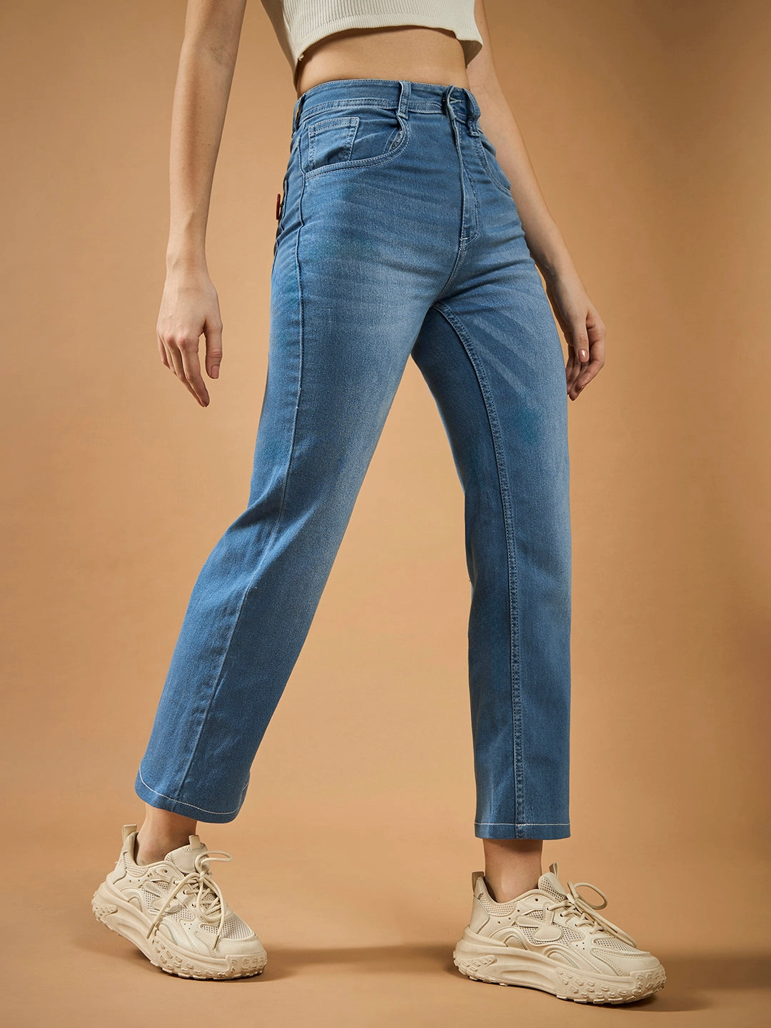Women's Light Blue Wide-Leg fit Mid-Rise Regular-Length Stretchable Denim Jeans Trend Friendly Street Inspired