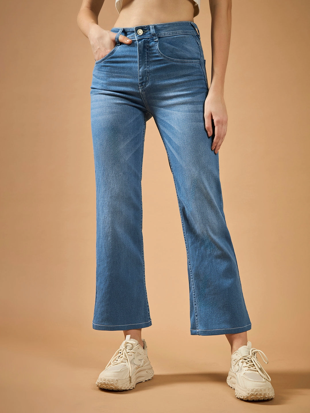 Earthy Streetwear Fan Nature Lover Fashion Fit Design Women's Light Blue Wide-Leg fit Mid-Rise Regular-Length Stretchable Denim Jeans