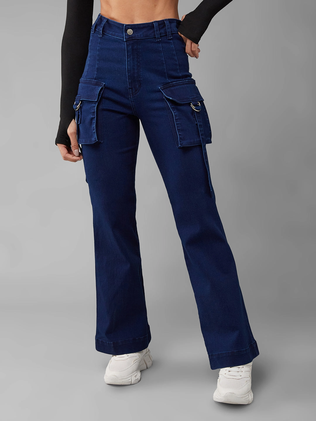 Unisex Attire Sleek Waist Design CHASEstretch? Navy-Blue Bootcut High-Rise Denim Jeans