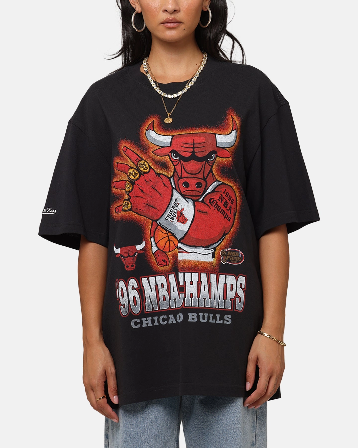 Laser Cut Edges Classic Polo Mitchell & Ness Chicago Bulls '96 NBA Champs T-Shirt Faded Black