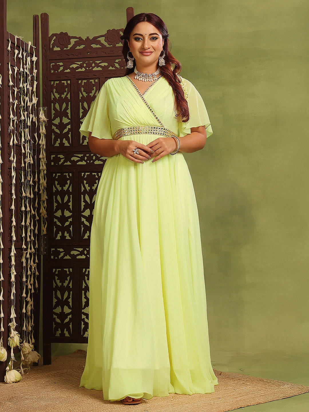 cut out Women's Lemon Yellow V-Neck Flared-Sleeves Solid Georgette Fit & Flare Maxi Dress